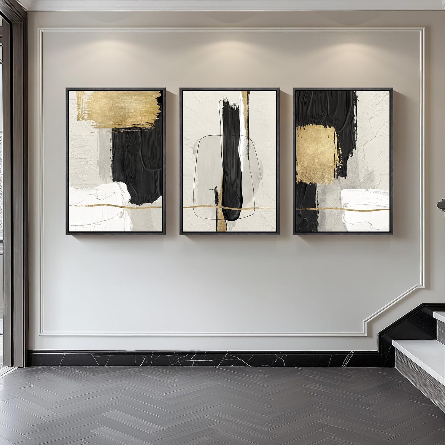 Large Framed Black and White Abstract Wall Art, 3 Piece Modern Canvas Prints Paintings Artwork for Walls, Minimalist Black Beige Gold Pictures for LIving Room Bedroom Office Wall Decor Total 30x60 In
