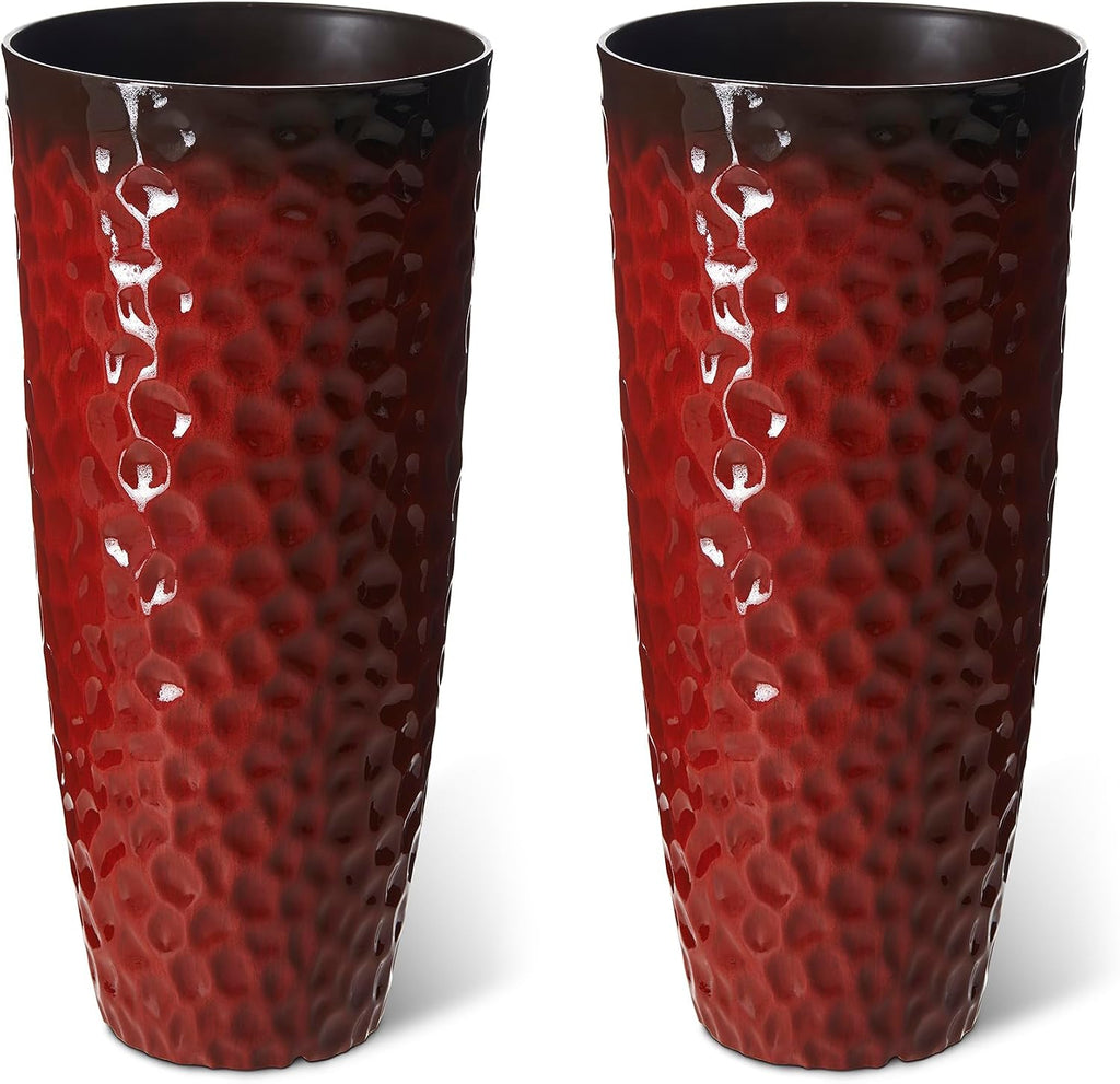 Glitzhome 31' H Large Plastic Tall Planters,Set of 2 Honeycomb Textured Gradient Red Tall Plant Pots with Drainage Holes,Oversized Planters Flower Pots for Indoor Outdoor Front Porch Patio