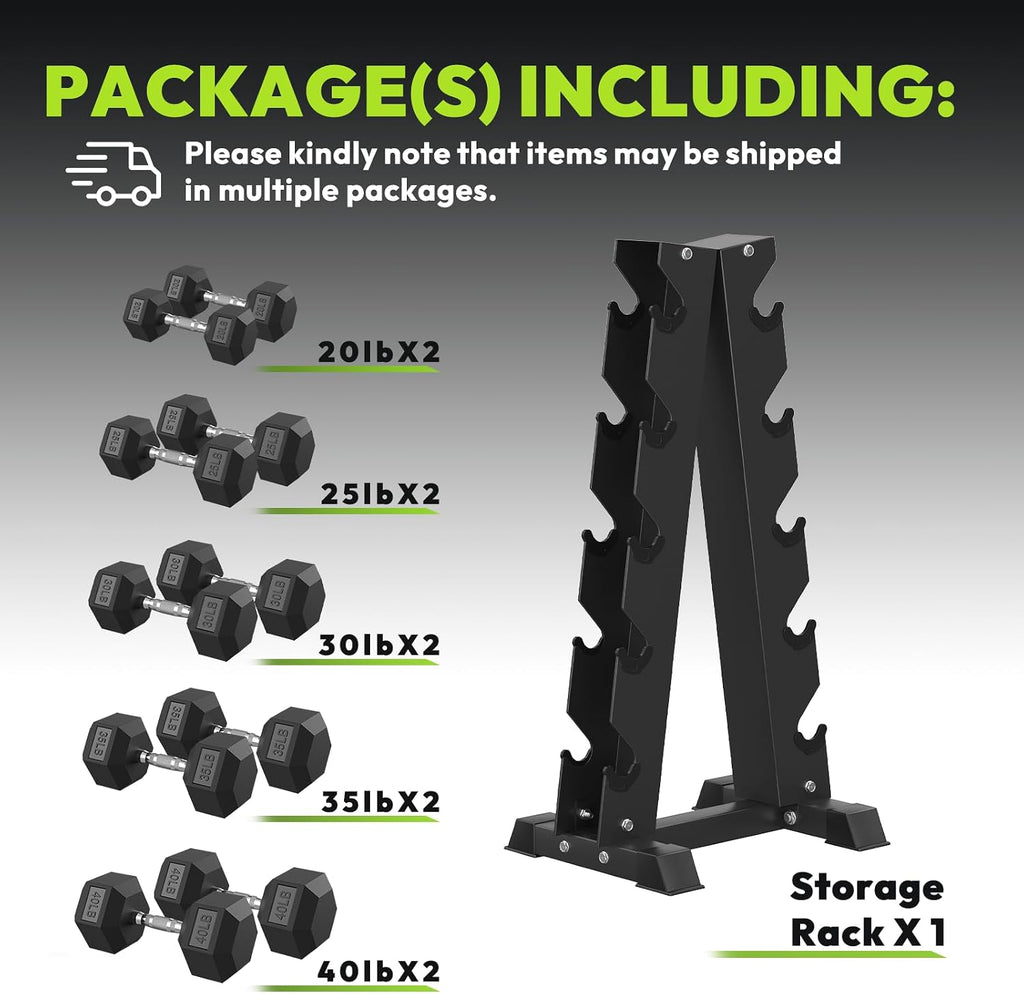 HANDBODE Rubber Coated Hex Dumbbell Set with A-Frame Rack, 100 lb - 550 lb Multiple Options Weight, Hexagon Non-Rolling Shape, Ergonomic Knurled Handle, Home Gym Equipment for Strength Training