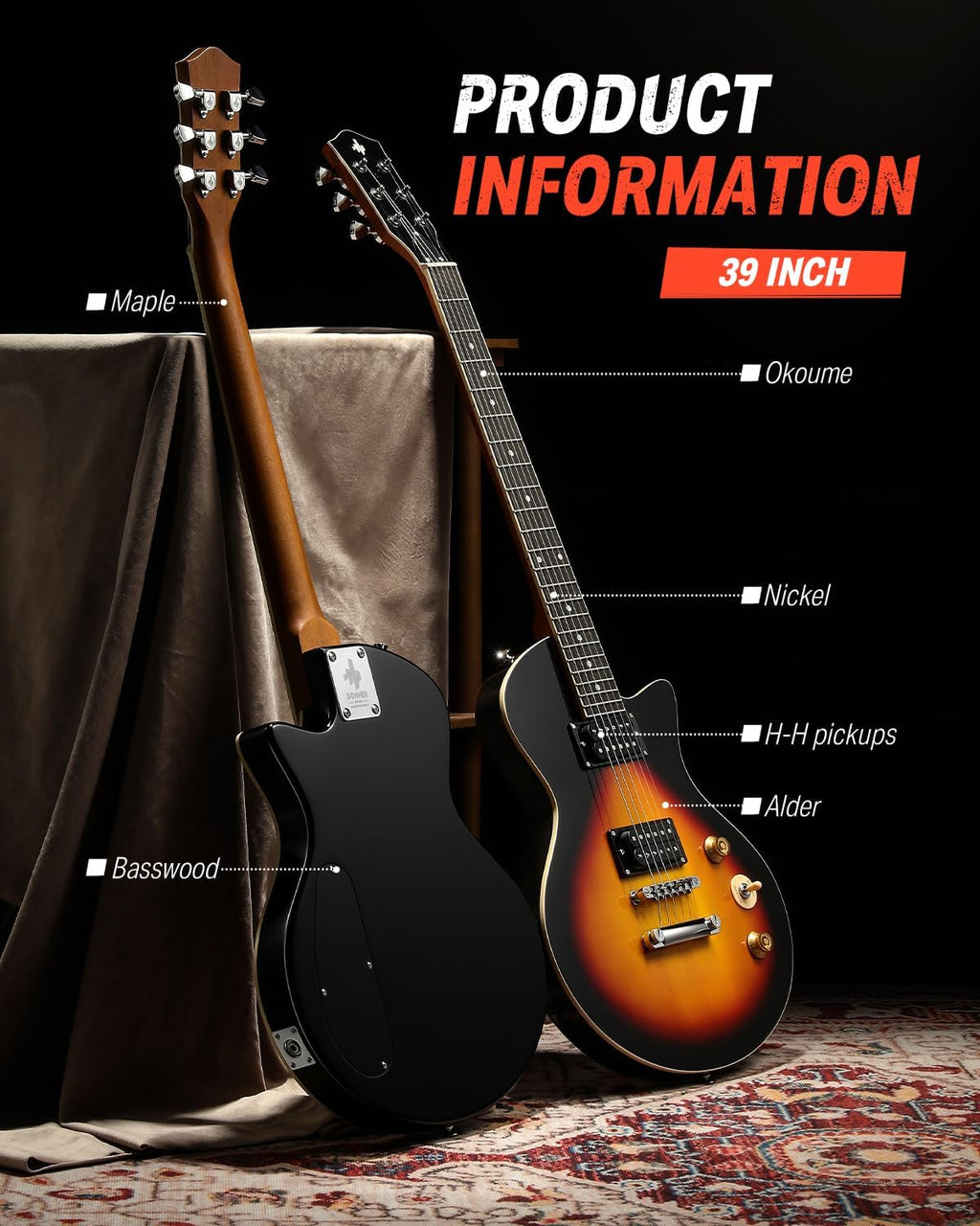 Donner 39' Electric Guitar Beginner Kits, Solid Alder Body with Dual Humbucker Pickups, 25.5' Extended Scale, C-Neck Full Size Kit with Bag - Ideal for Starters and High-gain Rock, Sunburst
