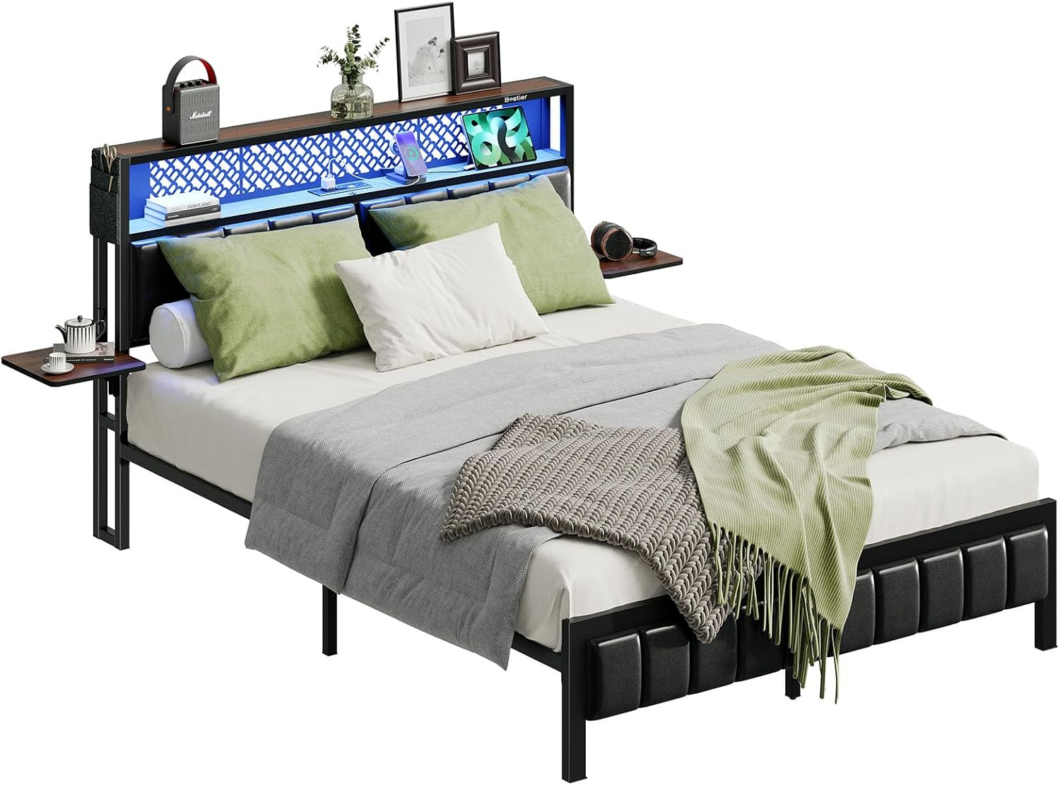 Bestier Queen Bed Frame with Upholstered Headboard and Charging Station, Folding Bedside Shelves Storage, LED Metal Platform Bed Frame, Non-Slip, Noise-Free, Easy Assembly, Walnut