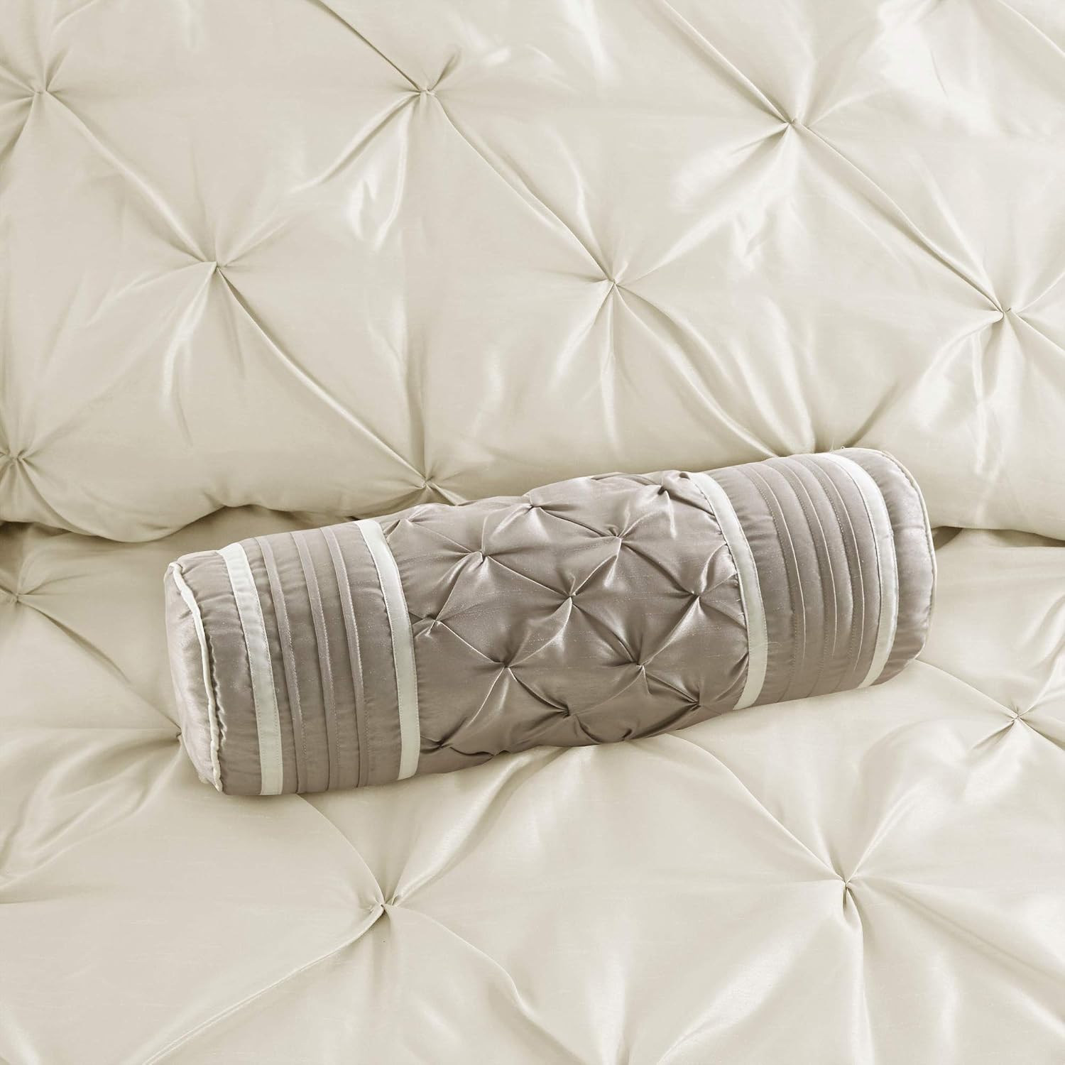 Madison Park Laurel Cozy Comforter Set - Traditional Tufted Faux Silk Design, All Season Down Alternative Bedding with Matching Shams, Decorative Pillow, Ivory King(104'x92') 7 Piece