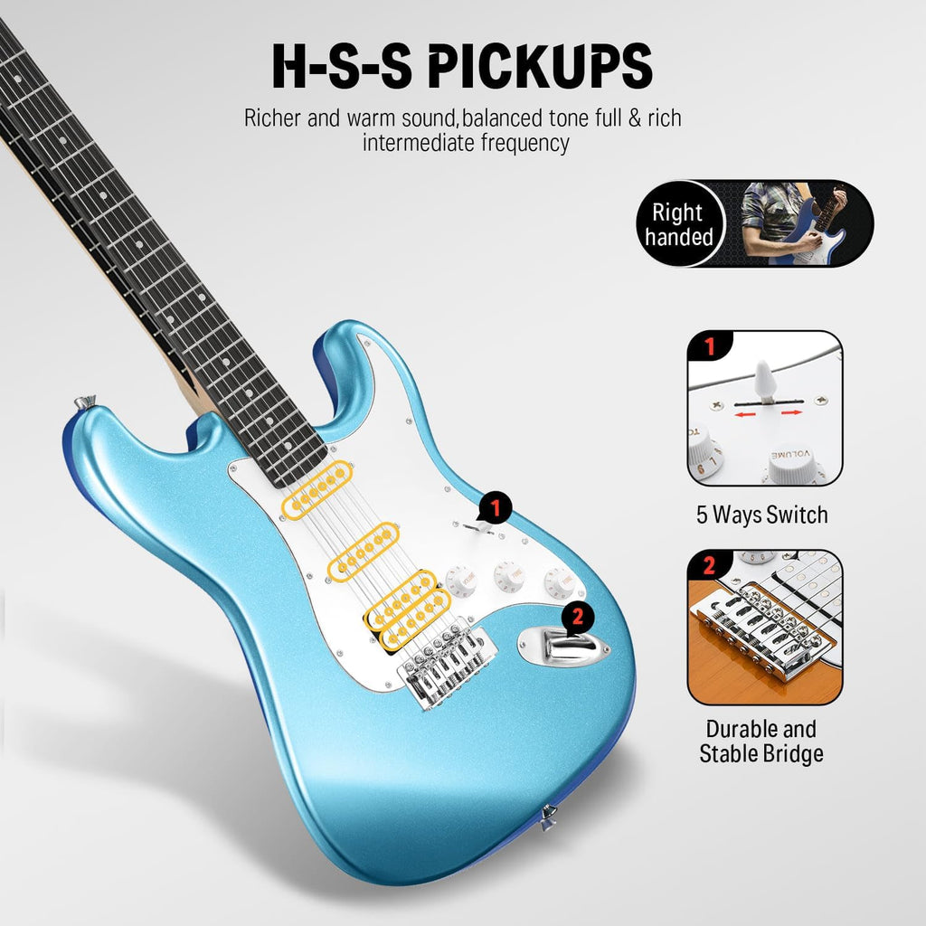 Donner DST-100T 39 Inch Electric Guitar Beginner Kit Solid Body Full Size Lake Blue HSS Pick Up for Starter, with Amplifier, Bag, Digital Tuner, Capo, Strap, String,Cable, Picks