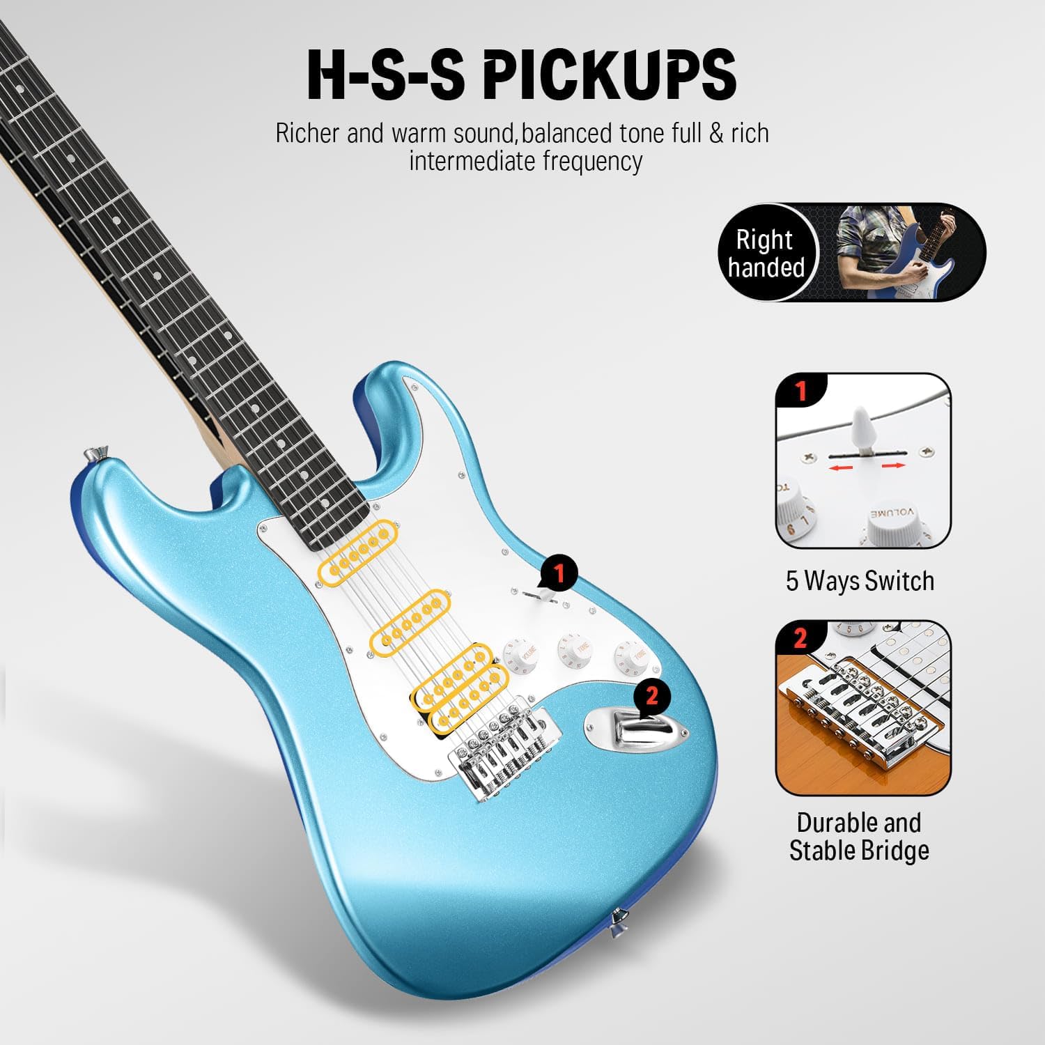 Donner DST-100T 39 Inch Electric Guitar Beginner Kit Solid Body Full Size Lake Blue HSS Pick Up for Starter, with Amplifier, Bag, Digital Tuner, Capo, Strap, String,Cable, Picks