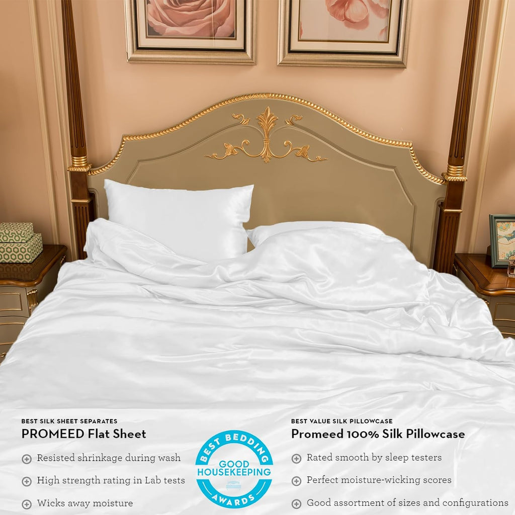 PROMEED 100% Mulberry Silk Duvet Cover Set 22 Momme, 3-Piece Grade 6A Natural Silk Bedding Set with Duvet Cover and Pillowcases for Twin Size Bed (White, Twin)