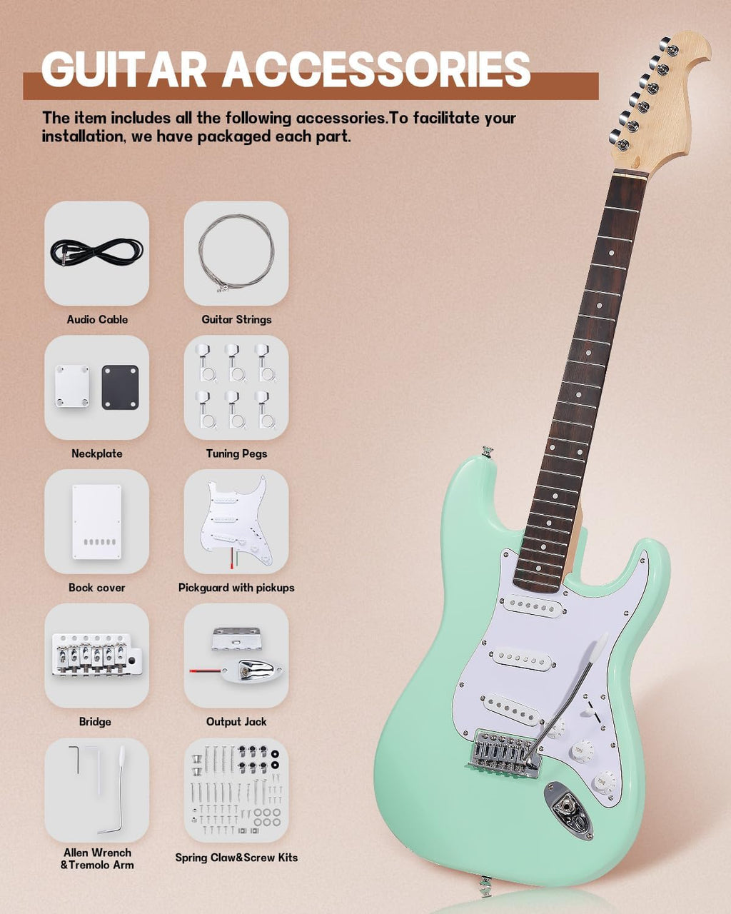 Leo Jaymz DIY ST Style Electric Guitar Kits,Spray-painted Mahogany Body,Laurel Wood Fingerboard and Maple Neck, including all Components (ST-Surf Green)