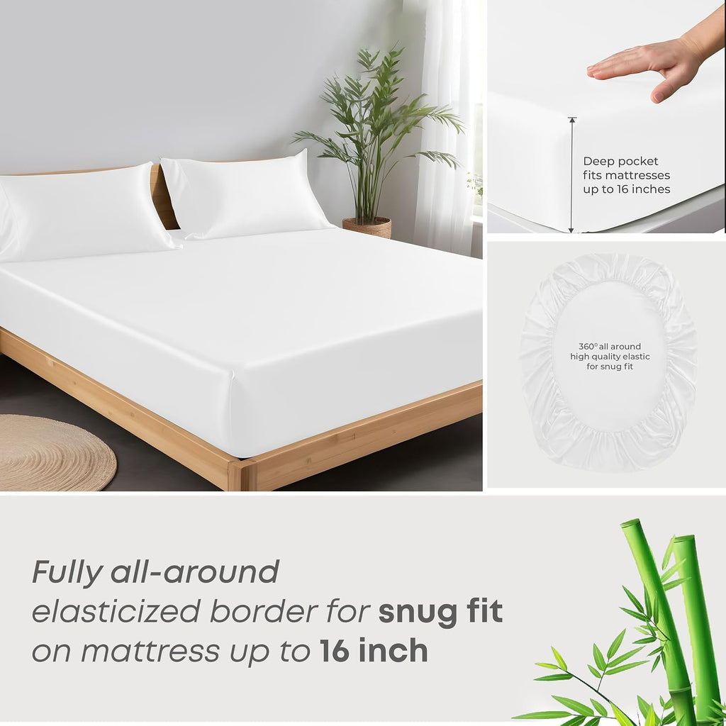 Linenwalas Premium 100% Viscose Derived from Bamboo Split King Sheet Set - Ultra Soft, Breathable & Cooling, Ideal for Hot Sleepers, 16' Deep Pocket, Hotel Luxury Bedding (White)