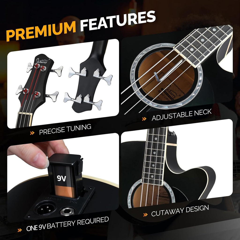 GLARRY Full Size Acoustic Electric Bass Guitar Beginner Kit w/ 15W Amp, Cutaway 4 Strings Electric Acoustic Bass Guitar w/Inbuilt Tuner, Bag, Strap, Picks, Strings, Bass Guitarra，Matte Black