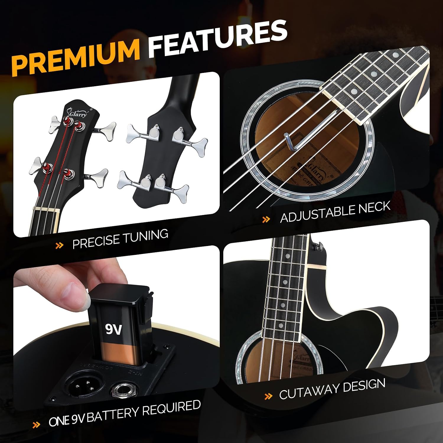 GLARRY Full Size Acoustic Electric Bass Guitar Beginner Kit w/ 15W Amp, Cutaway 4 Strings Electric Acoustic Bass Guitar w/Inbuilt Tuner, Bag, Strap, Picks, Strings, Bass Guitarra，Matte Black