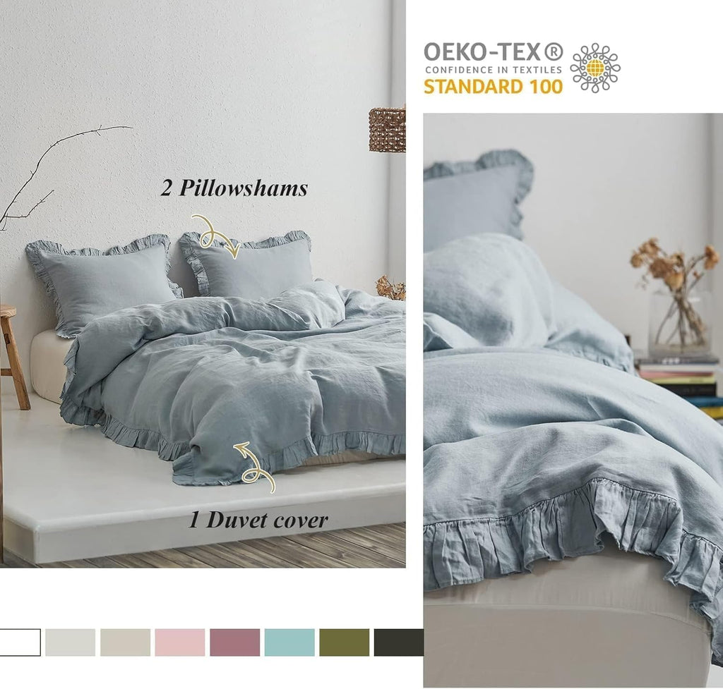 Simple&Opulence 100% Linen Duvet Cover Set, 3 PCS Natural French Flax Dusty Blue Ruffle Duvet Cover Queen Size, Breathable Comfy Linen Bedding Comforter Cover with 2 Pillowcases(Dusty Blue, 88' X 92')