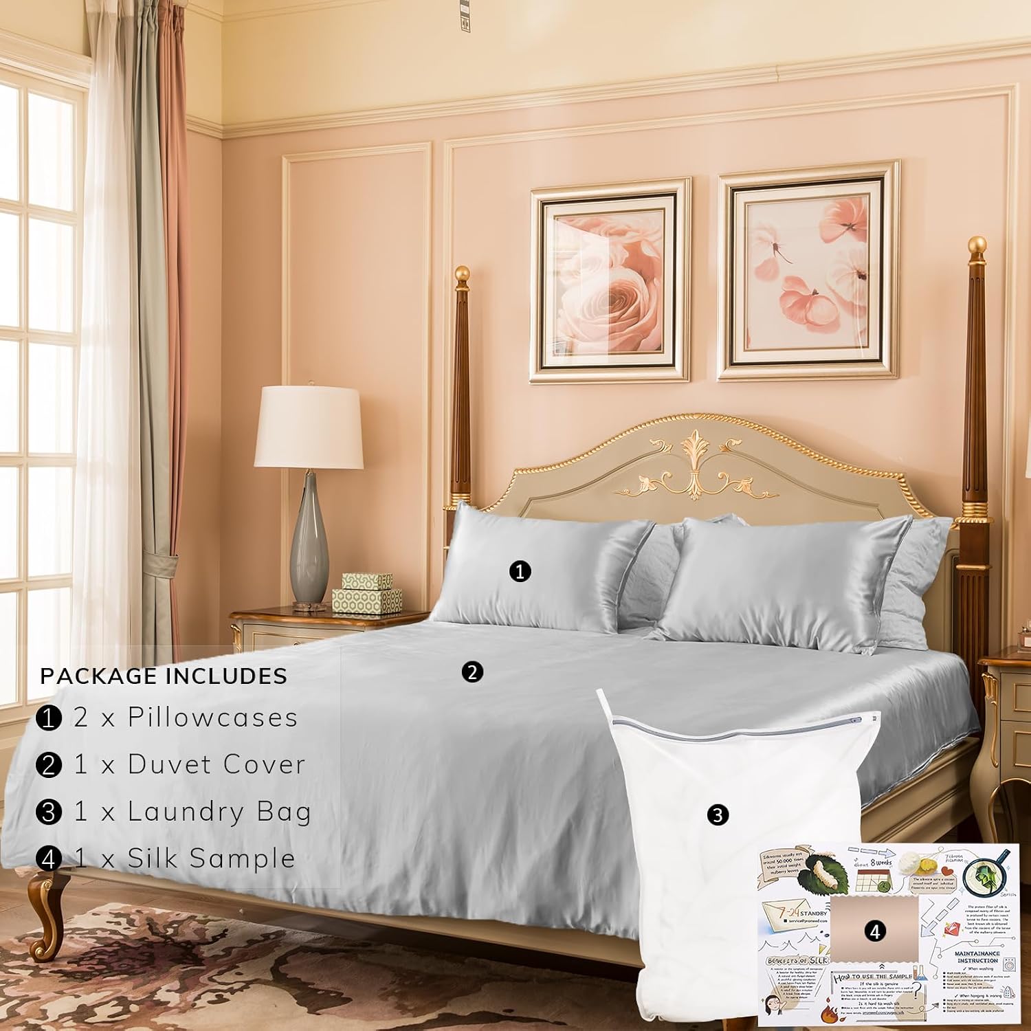 PROMEED 100% Mulberry Silk Duvet Cover Set 3PCS King Size, Real 23 Momme Grade 6A Silk Bedding Set with Duvet Cover and Pillowcases (Light Grey, King)