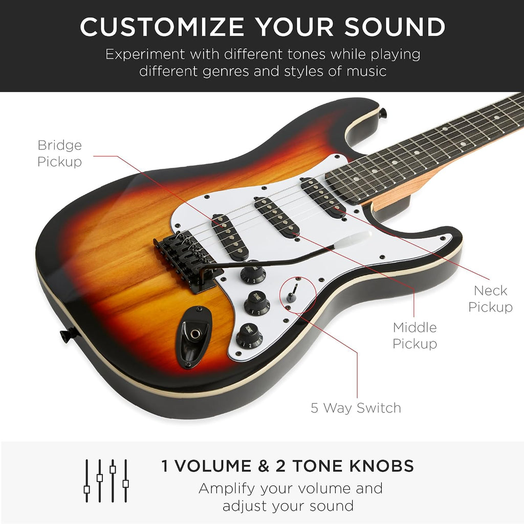 Best Choice Products 39in Full Size Beginner Electric Guitar Starter Kit w/Case, Strap, 10W Amp, Strings, Pick, Tremolo Bar - 3 Color Sunburst