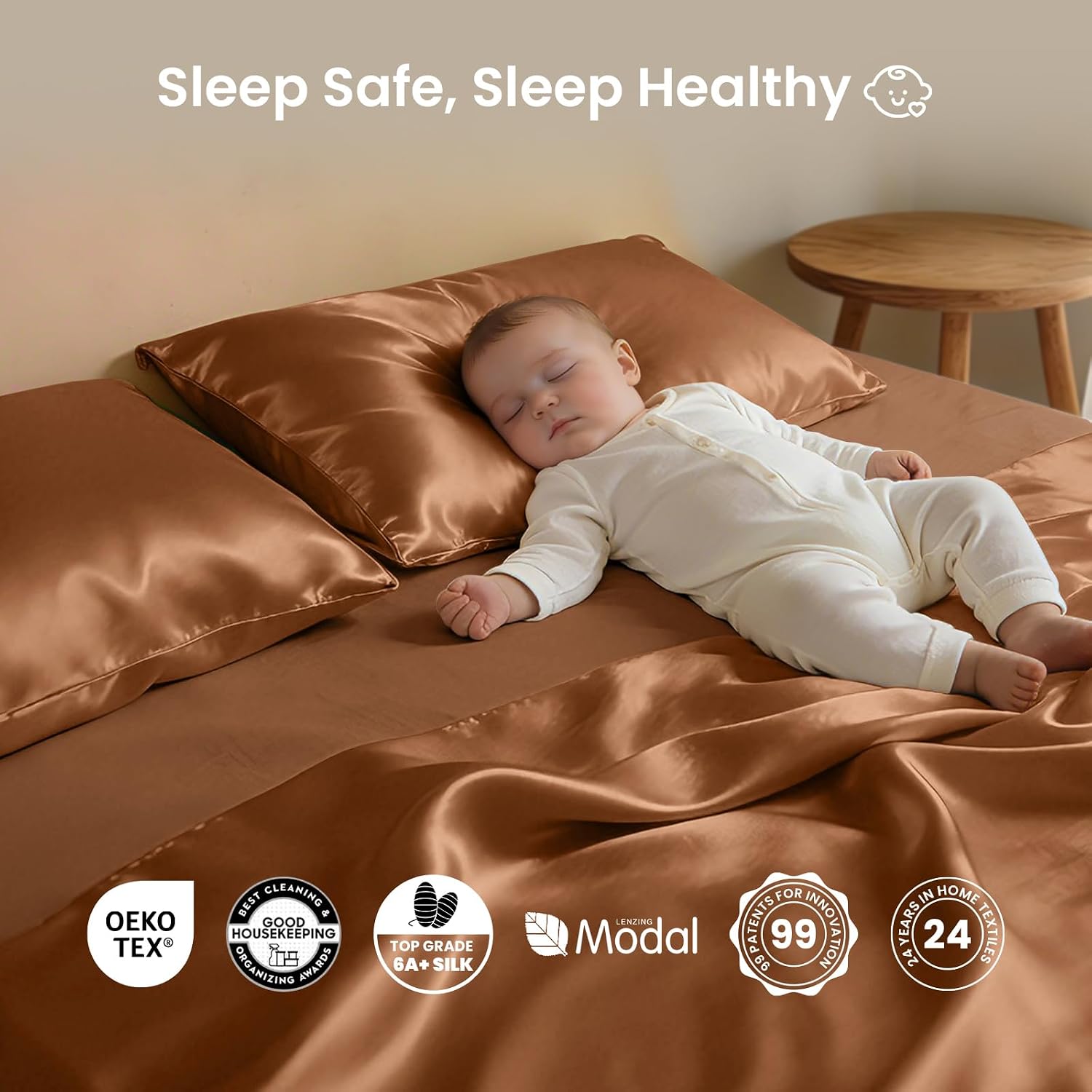 THXSILK Luxury Mulberry Silk Bed Sheets Set - 4pcs Silk Sheets Set 16' Deep Pocket - 1 Fitted Sheet, 1 Flat Sheet, 2 Pillowcases with Zipper Closure - Full, Brown
