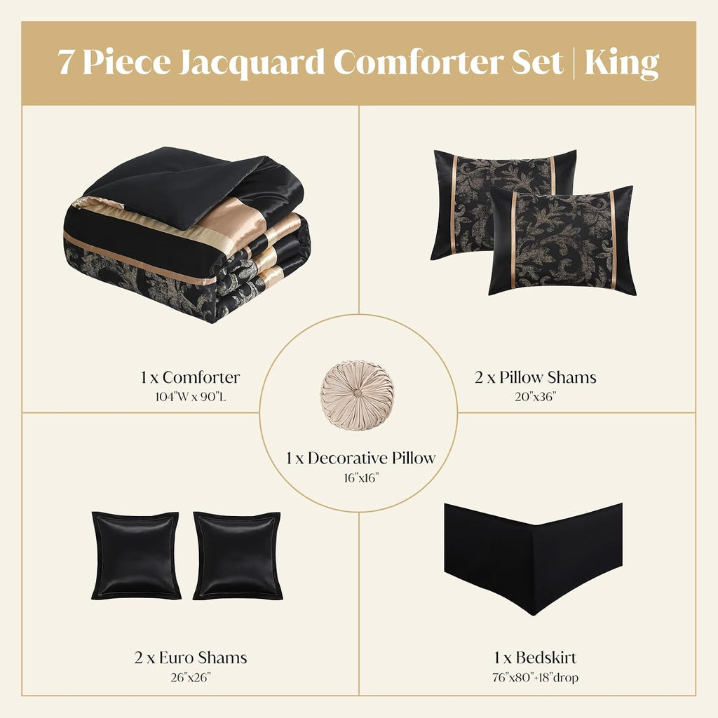 CozyDH Black Gold Comforter Set King Size - 7 Piece Luxury Jacquard Silky Bed in a Bag, Vintage Floral Striped Damask, All-Season Down Alternative Bedding with Bed Skirt, Shams, Decorative Pillow
