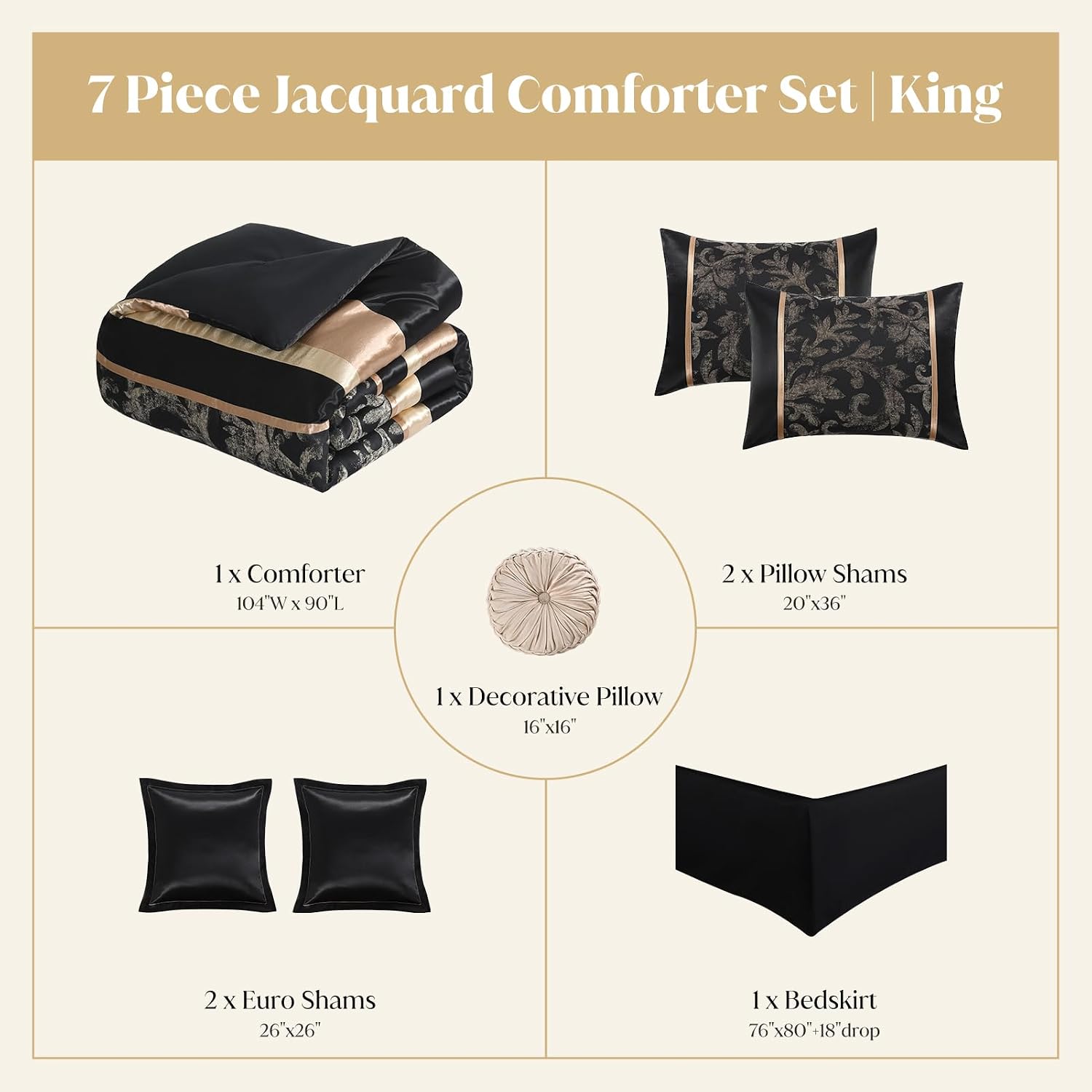 CozyDH Black Gold Comforter Set King Size - 7 Piece Luxury Jacquard Silky Bed in a Bag, Vintage Floral Striped Damask, All-Season Down Alternative Bedding with Bed Skirt, Shams, Decorative Pillow