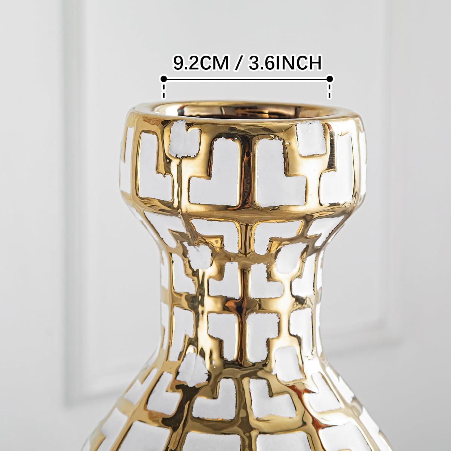 Pair of 24.4' Tall Ceramic Cylinder Vases with Geometric Gold Accents, Large Flower Vase, Decorative Vase - Modern White & Gold Floor Vases for Living Room, Entryway Decor (Set of 2)