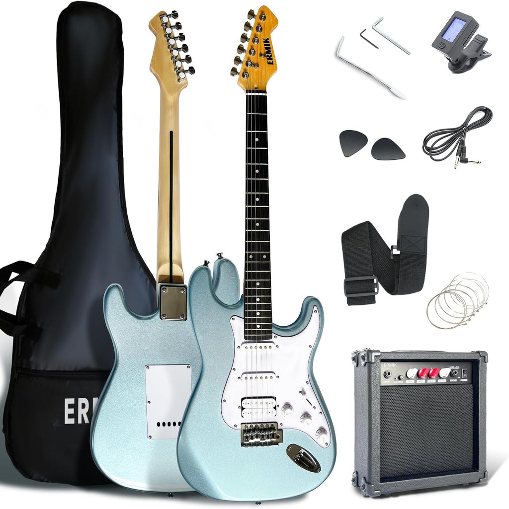 Ermik Solid Body Electric Guitar Kit with Amp 20W, Strings, Strap, Digital Tuner, Picks, Gig Bag, Cable, Tremolo Bar, 39' Full Size Guitar HSS Pickups Guitarra Electrica Beginner Gift