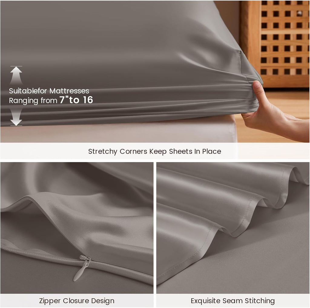 THXSILK 6A+ Top Grade 100% Pure Mulberry Silk King Fitted Sheet 3Pcs Set Bed Sheets Luxury Bedding for Hair and Skin Breathable Natural Materials, 1 Fitted Sheet with 2 Pillowcases, Charcoal