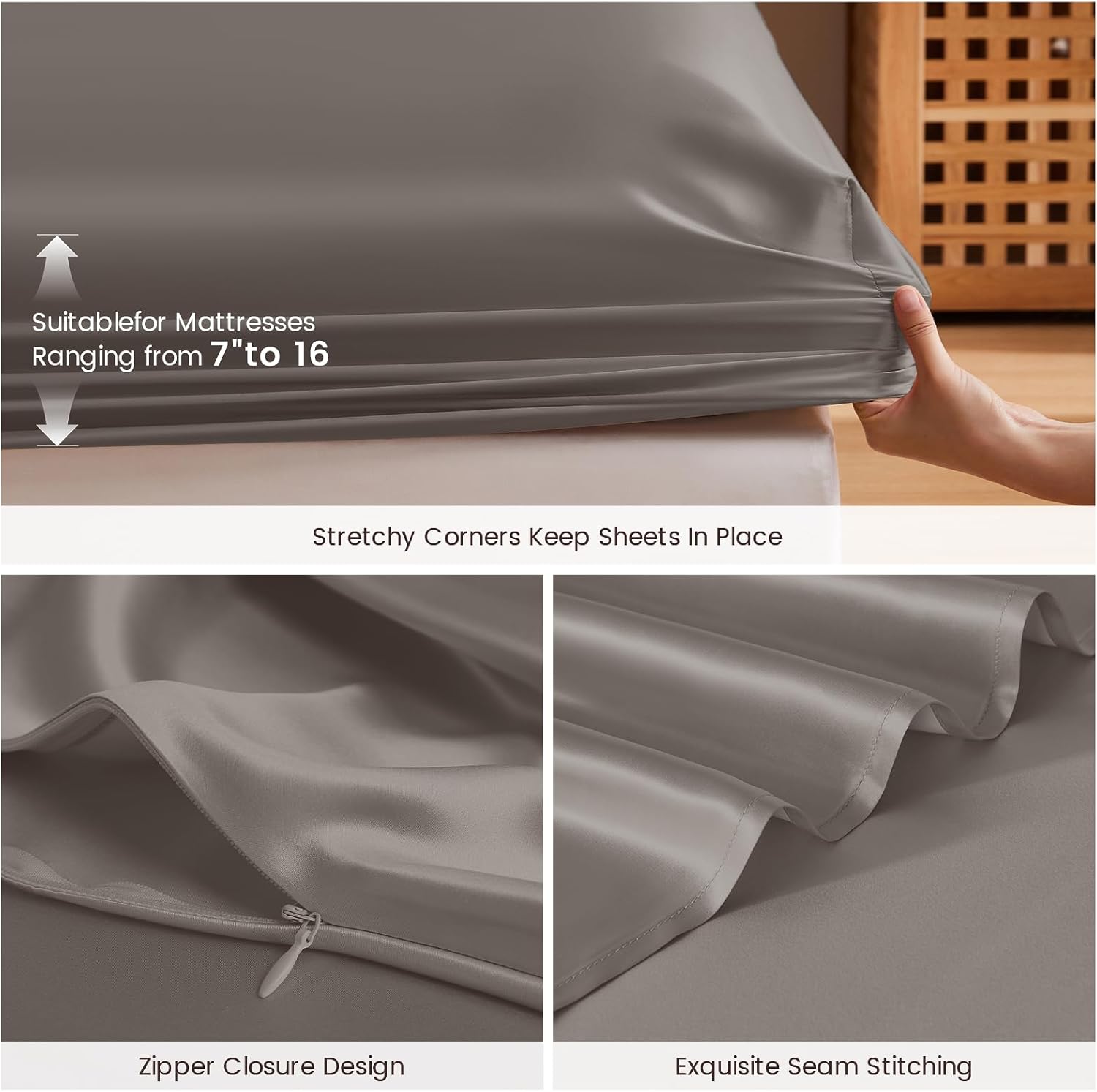 THXSILK 6A+ Top Grade 100% Pure Mulberry Silk King Fitted Sheet 3Pcs Set Bed Sheets Luxury Bedding for Hair and Skin Breathable Natural Materials, 1 Fitted Sheet with 2 Pillowcases, Charcoal