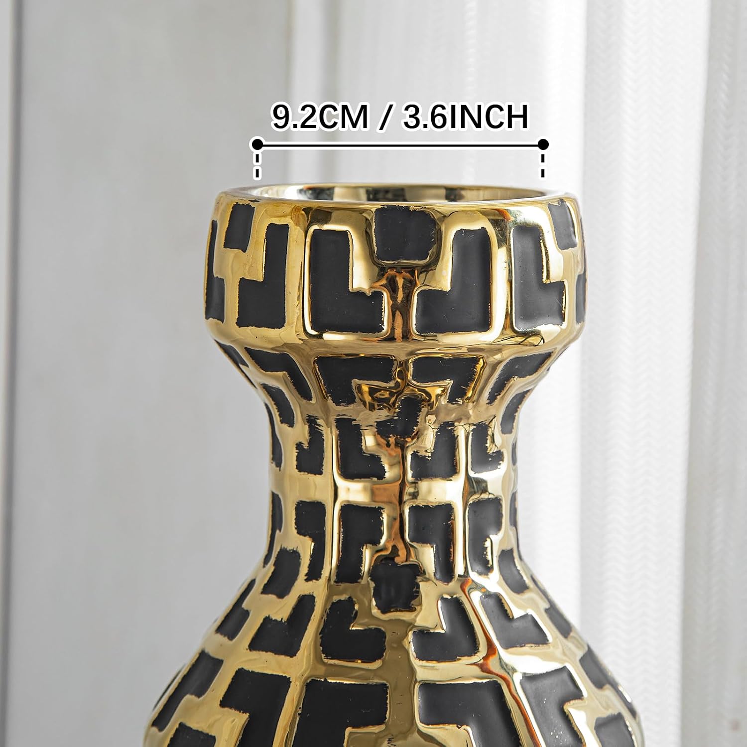Pair of 24.4' Tall Ceramic Cylinder Vases with Geometric Gold Accents, Large Flower Vase, Decorative Vase - Modern Black & Gold Floor Vases for Living Room, Entryway Decor (Set of 2)