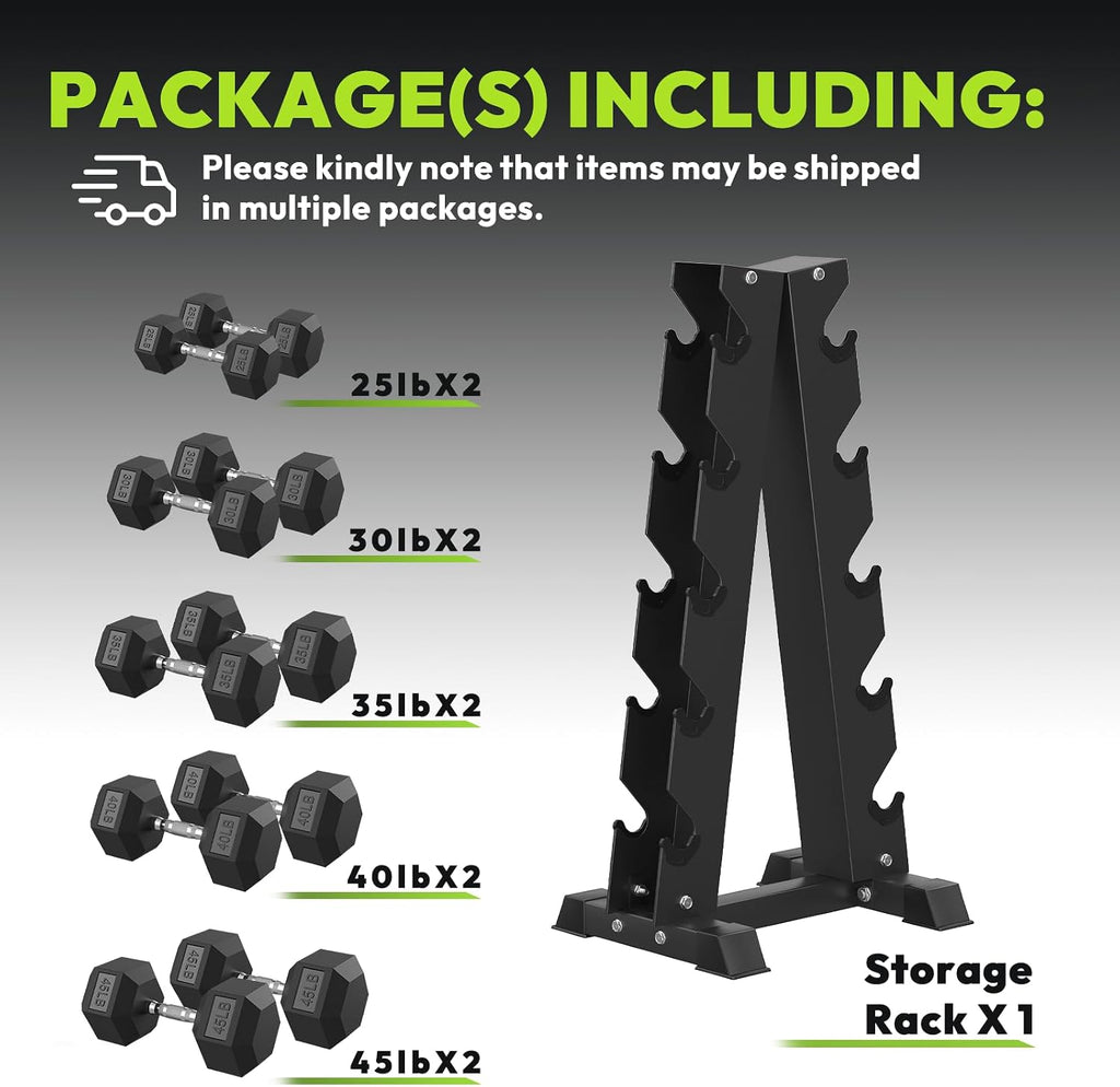 HANDBODE Rubber Coated Hex Dumbbell Set with A-Frame Rack, 100 lb - 550 lb Multiple Options Weight, Hexagon Non-Rolling Shape, Ergonomic Knurled Handle, Home Gym Equipment for Strength Training