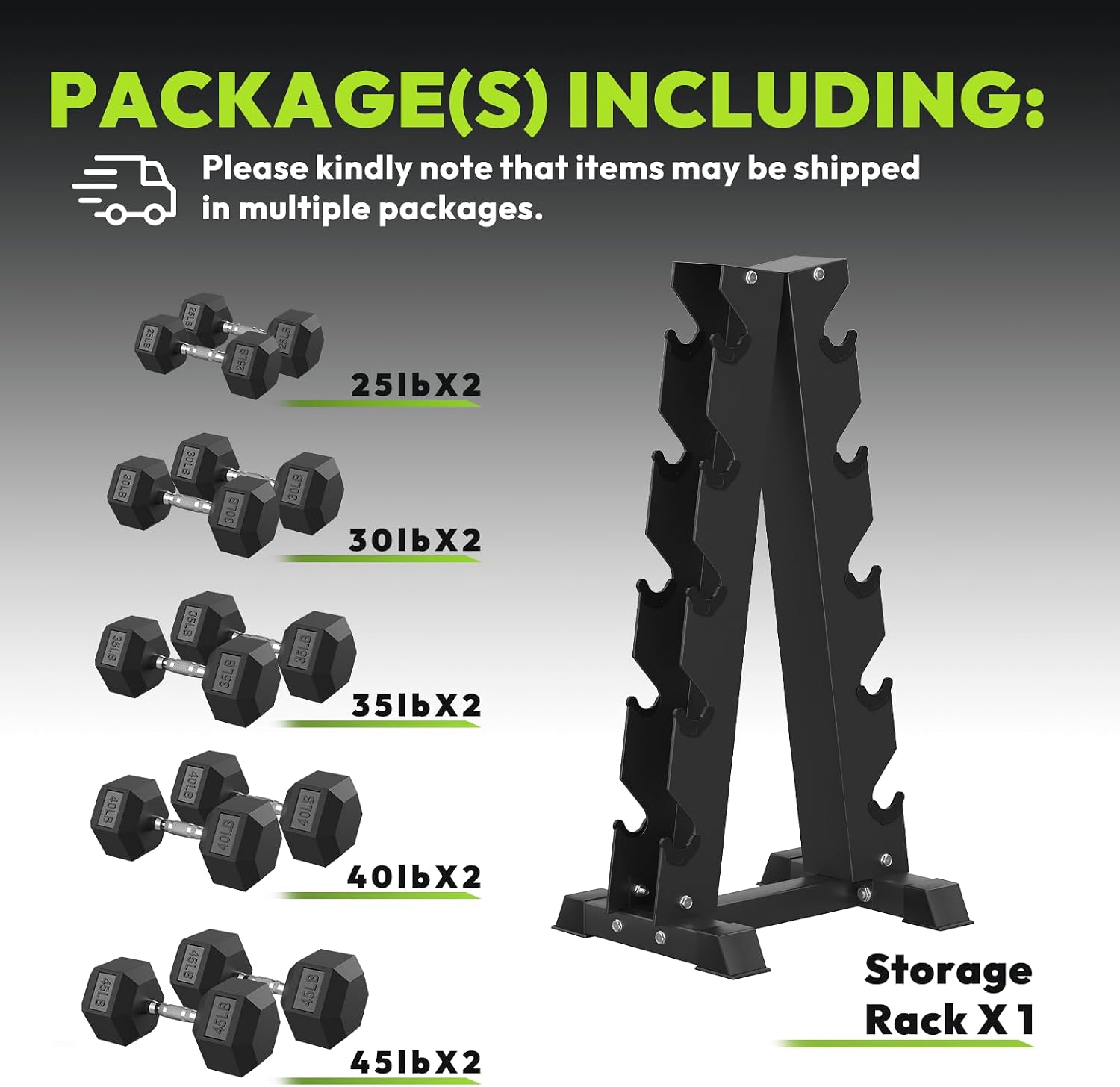 HANDBODE Rubber Coated Hex Dumbbell Set with A-Frame Rack, 100 lb - 550 lb Multiple Options Weight, Hexagon Non-Rolling Shape, Ergonomic Knurled Handle, Home Gym Equipment for Strength Training