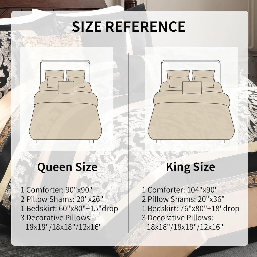 Black and Gold King Size Comforter Set, Damask Jacquard 7 Piece Soft Bedding Set for All Season, Bed Skirt, Pillow Shams and Decorative Pillows