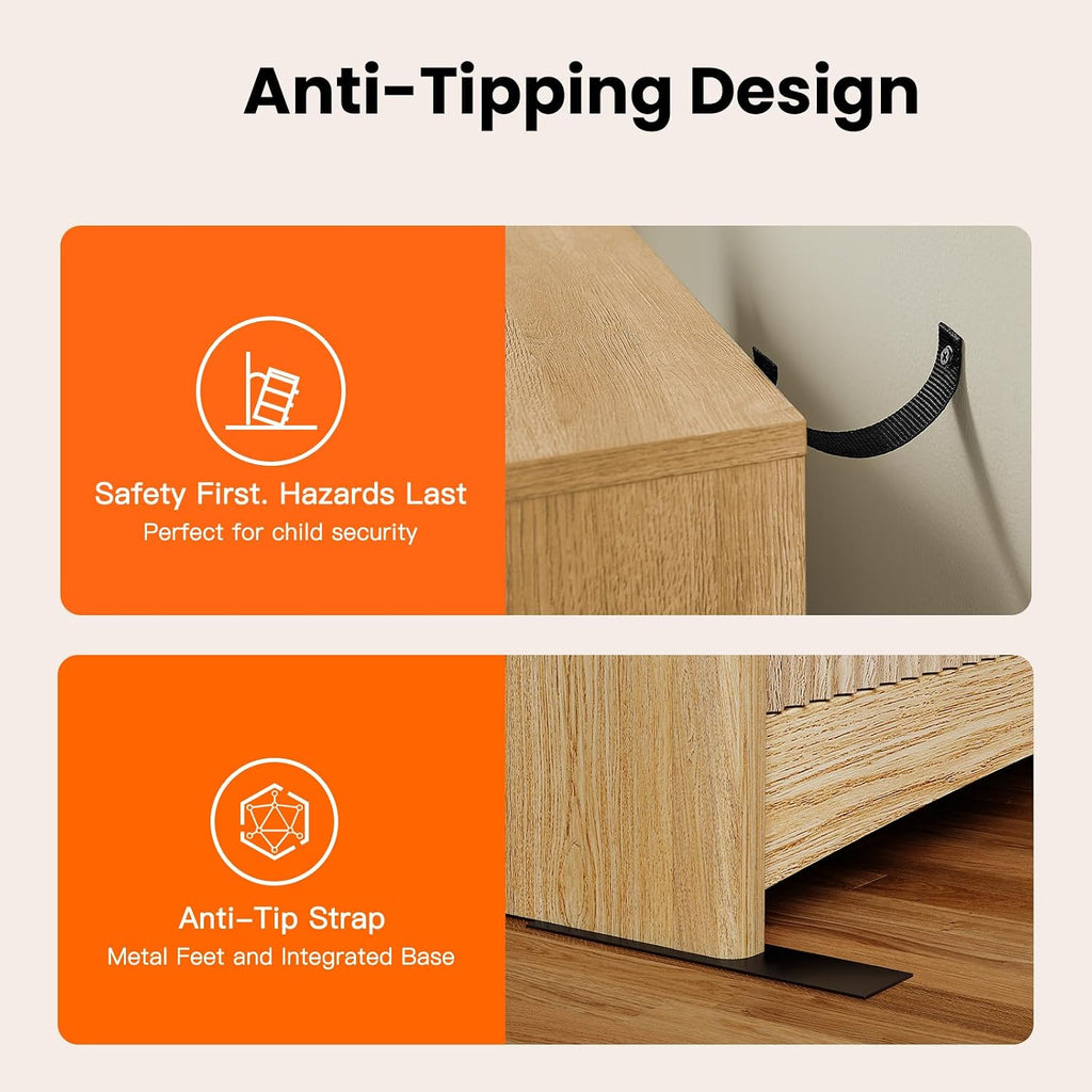 Pipishell Dresser for Bedroom, Fluted 5 Drawers Dresser, 40' Tall Modern Chest of Drawer with Round Edge & Pre-Installed Drawer Slides, Natural Wood Drawer Organizer for Bedroom, Hallway, Natural Oak