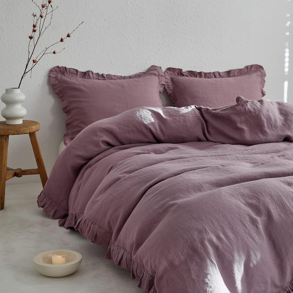 Simple&Opulence 100% Linen Duvet Cover Set, 3 PCS Natural French Flax Purple Ruffle Duvet Cover King Size, Breathable Comfy Linen Bedding Comforter Cover with 2 Pillowcases (Purple, 104' X 92')