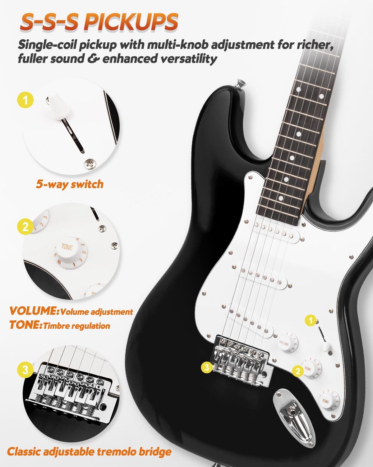STRICH Electric Guitar Beginner Kit, Solid Body 39' Full Size Electric Guitar SSS Pick Up for Starter, with 5W x 2 Amp, Bag, Digital Tuner, Capo, Strap, String,Cable, Picks, SST-S10 Black