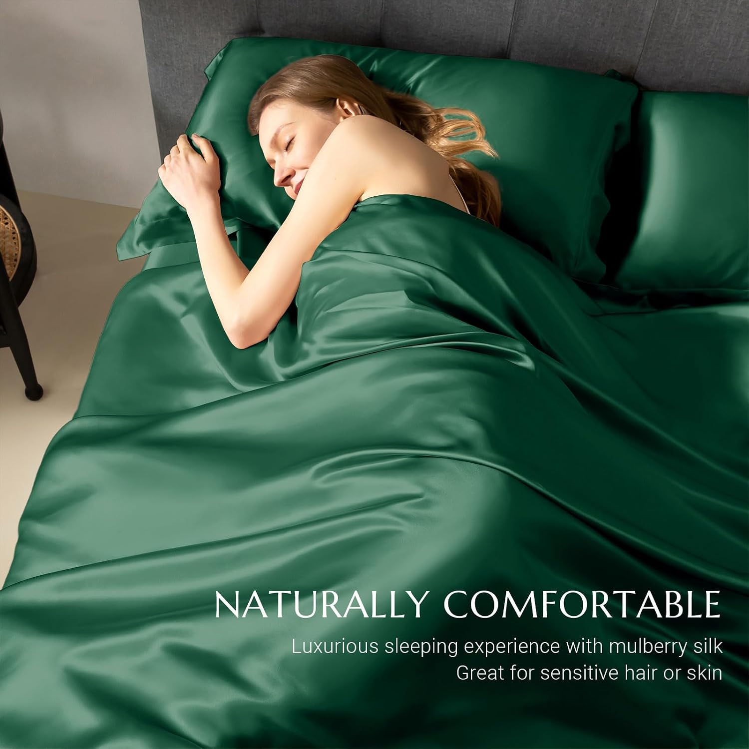 THXSILK 100% Silk Sheet Set, 7A+ Silk Sheet Set Soft Breathable, Luxury Bedding (1 Duvet Cover, 1 Fitted Sheet, 2 Pillow Shams), King, Emerald Green