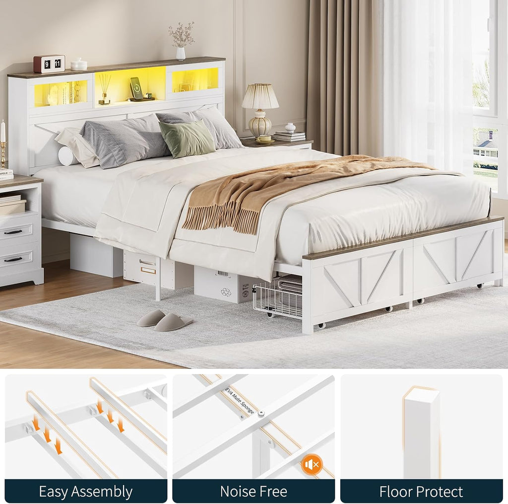 Yoobure Queen Bed Frame with Headboard, Bed Frame Queen Size with Charging Station, LED Beds with 2 Storage Drawers, Wood Farmhouse Bedframe Queen-Size, Noise-Free and No Box Spring Needed