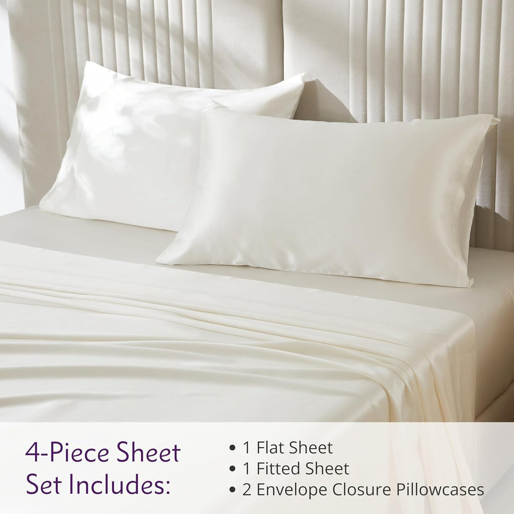 Mulberry Park Silks - 22 Momme 100% Mulberry Silk Sheets - Queen Size Bed Set - 16' Pocket - Luxurious Bed Sheets & Pillowcases, Skin-Friendly & Breathable - Charmeuse Silk for Hair Care - Ivory
