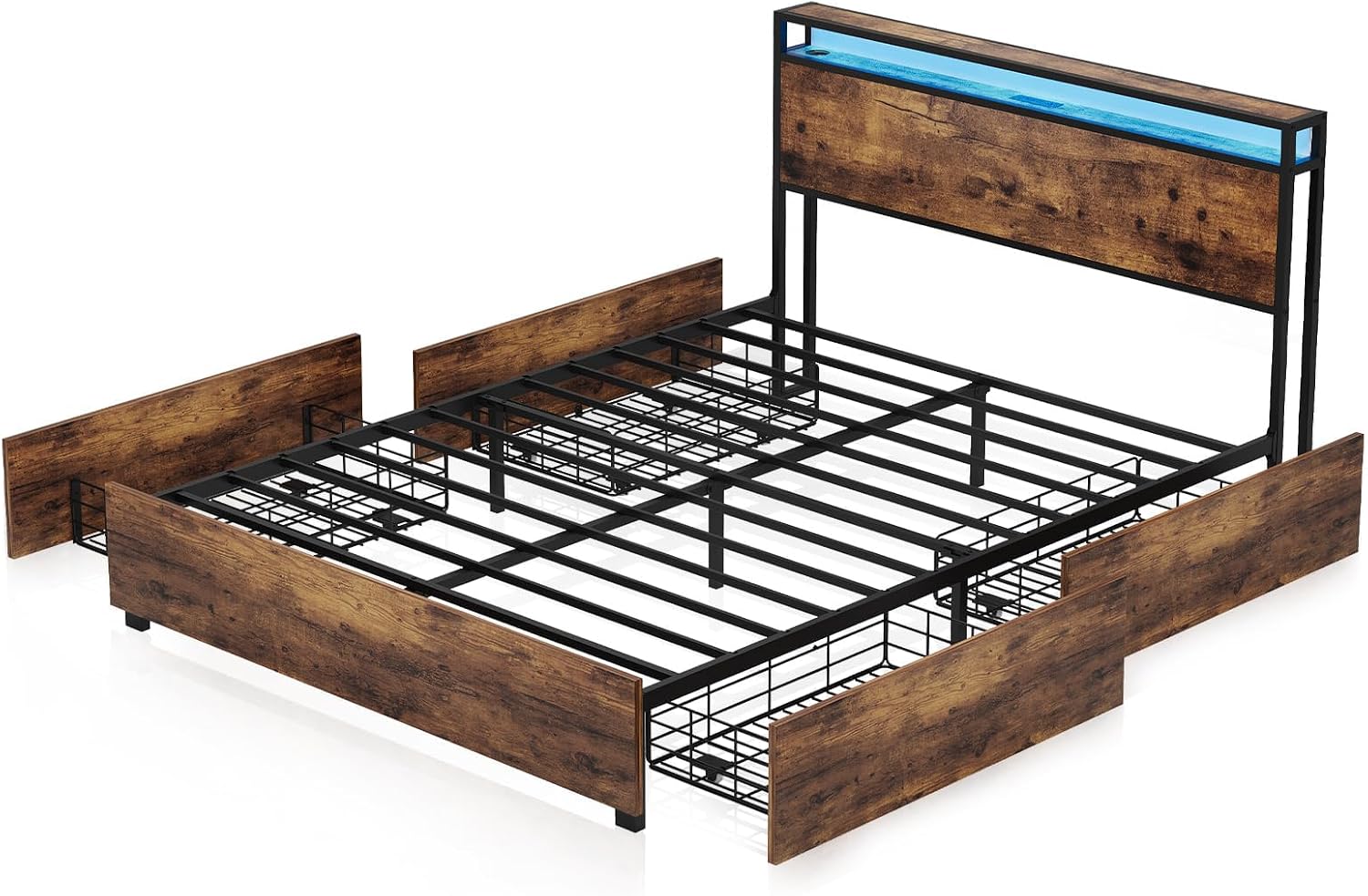Full Bed Frame with 4 Storage Drawers, LED Bed Frame Storage with Headboard and Charging Station, Solid and Stable, Noise Free, No Box Spring Needed, Easy Assembly, Rustic Brown