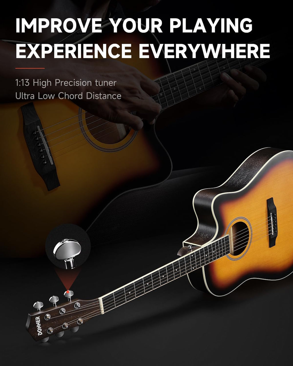 Donner 41-Inch Acoustic Electric Guitar Kit for Beginners, Full Size with Capo, Picks, Tuner, Strings, Strap - Sunbrust