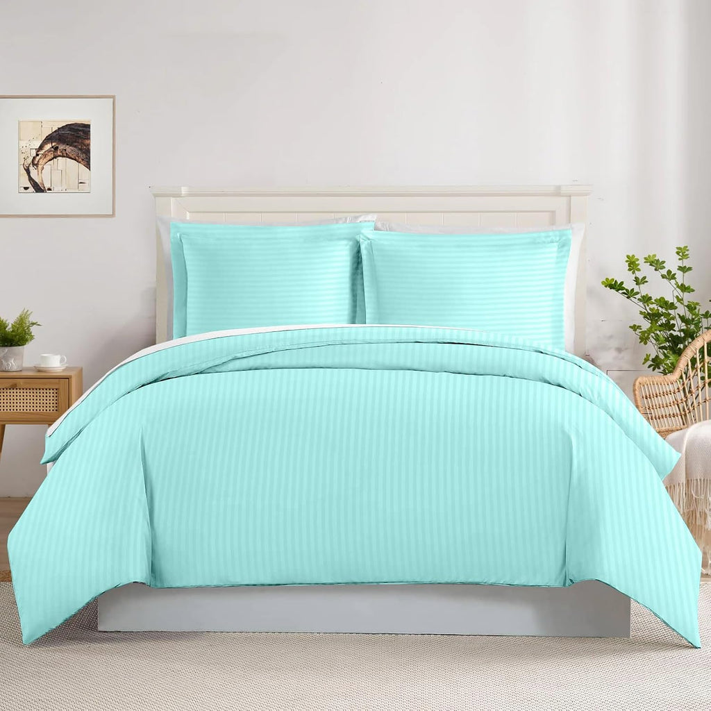 800TC 3 Sided Zipper Duvet Cover Set Soft Egyptian Cotton 3 Sided Zipper Closure, 3 PCS 1-Duvet Cover & 2- Pillow Shams - King-XL Size (98' x 116') Inches, (Aqua Blue Stripe)