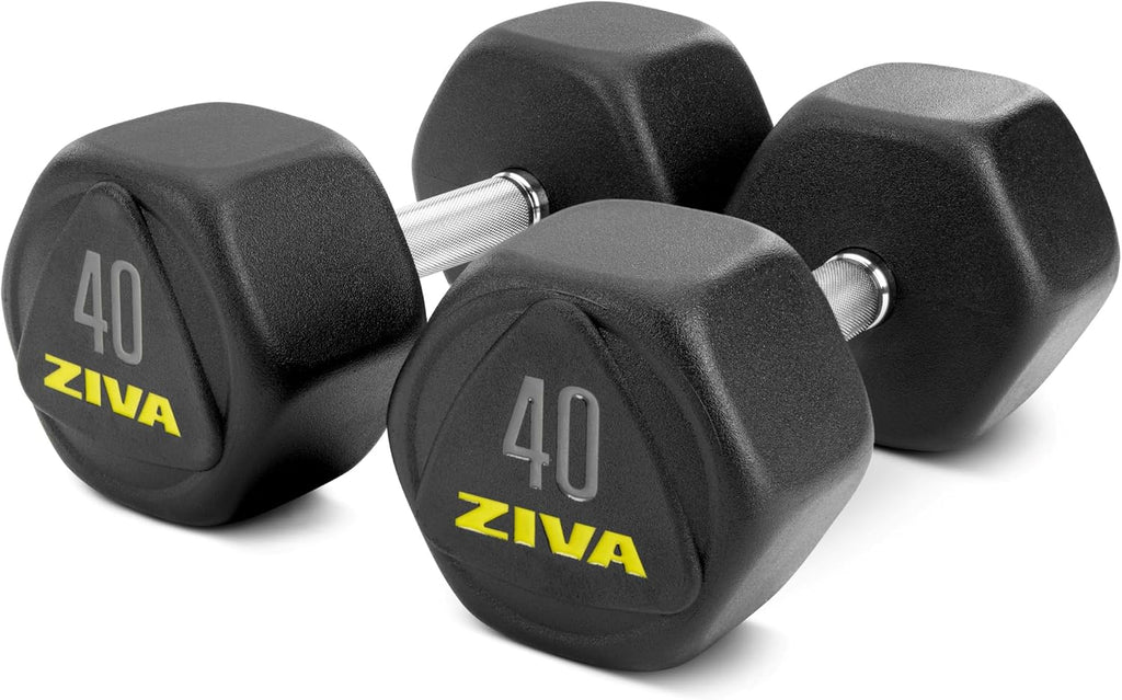 ZIVA Premium Hex Dumbbells – Commercial Grade Rubber Urethane Coated Free Weights for Strength Training, Weightlifting, Home Gym – Durable Steel Core – Sold in Pairs and Sets