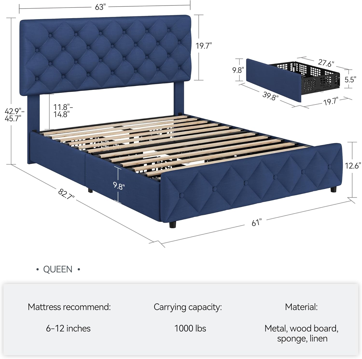 GAOMON Full Size Bed Frame with 4 Storage Drawers, Linen Upholstered Platform Bed Frame with Headboard and Footboard, Wooden Slats Support, Diamond Stitched Button Tufted, No Box Spring Needed, Blue