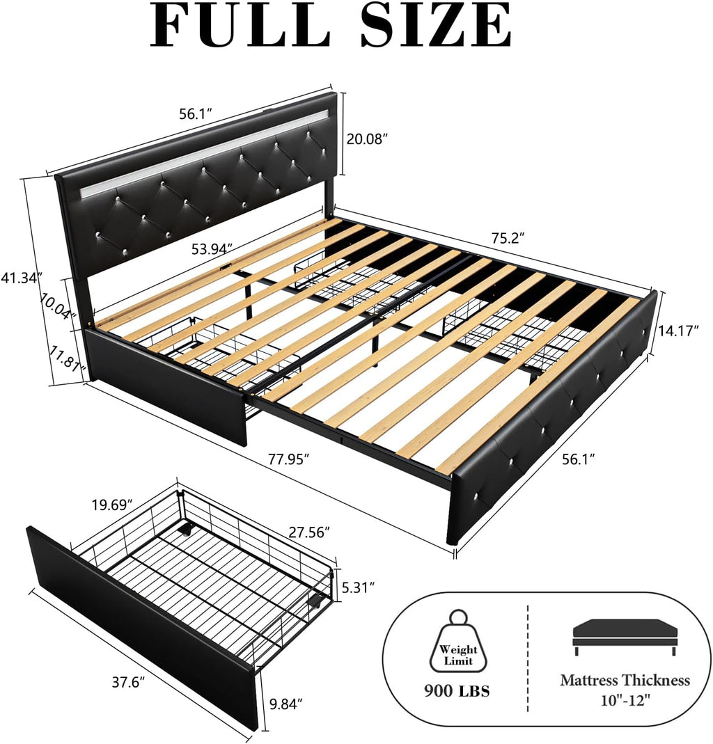 Bed Frame Full Size with Storage Drawers and LED Light, 2 Sockets and 2 USB Ports, Adjustable Headboard with PU Leather Upholstered, No Box Spring Needed, Wooden Slats Support, Black.
