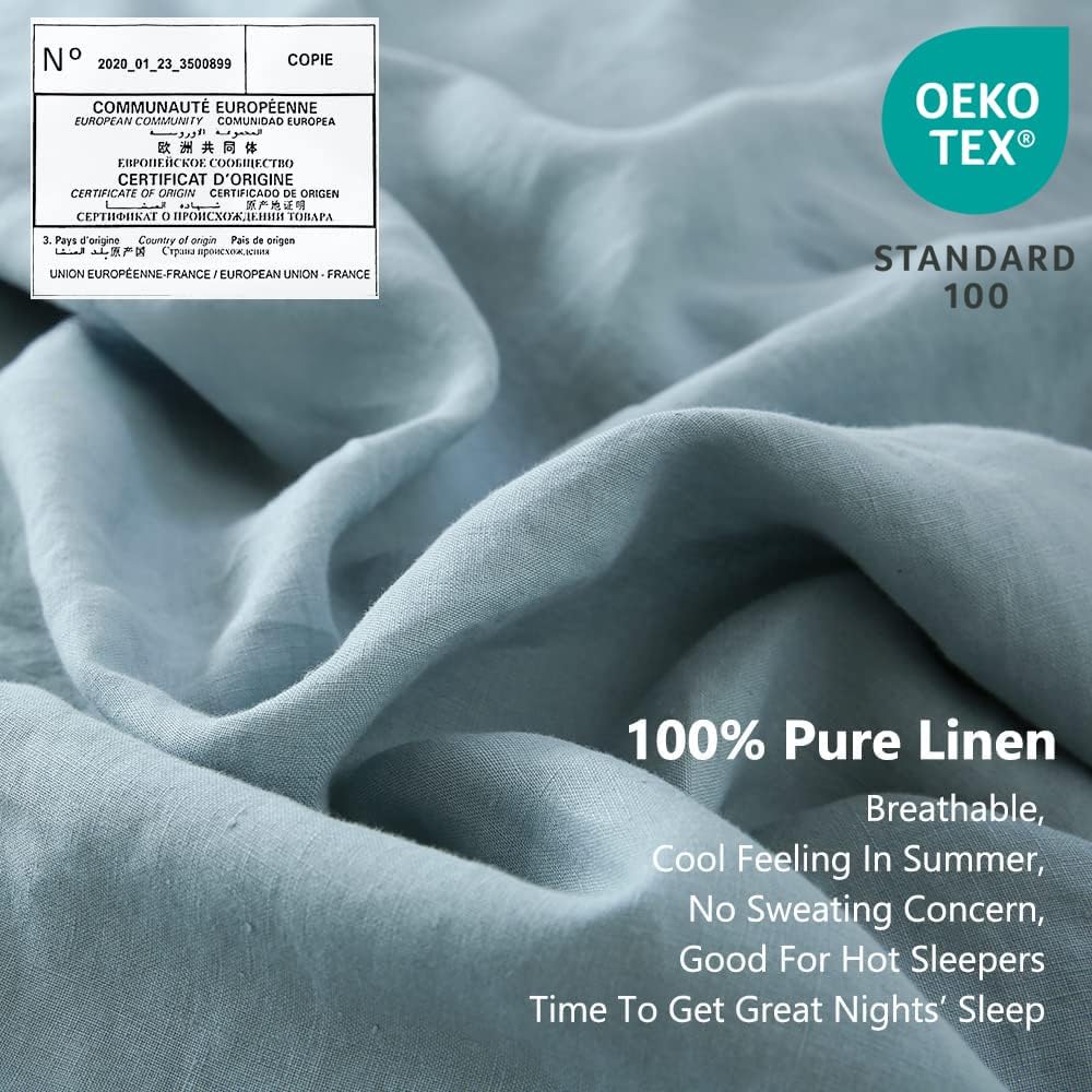 Simple&Opulence 100% Linen Sheet Set with Embroidery Washed - 4 Pieces (1 Flat Sheet & 1 Fitted Sheet & 2 Pillowcases) Natural Flax Soft Bedding Breathable Farmhouse - Dusty Blue, Full Size