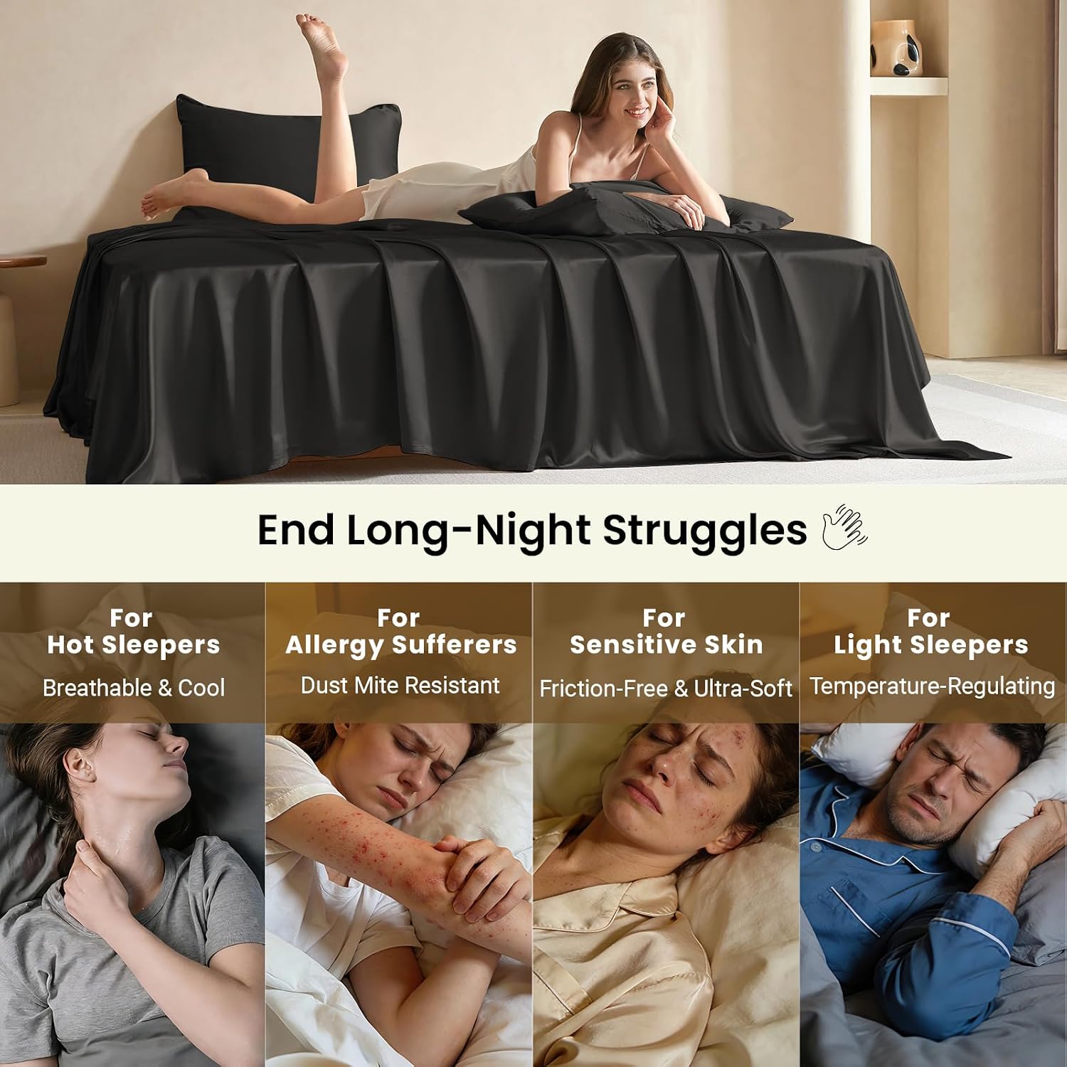 THXSILK Luxury Mulberry Silk Bed Sheets Set - 4pcs Silk Sheets Set 16' Deep Pocket - 1 Fitted Sheet, 1 Flat Sheet, 2 Pillowcases with Zipper Closure - Full, Black
