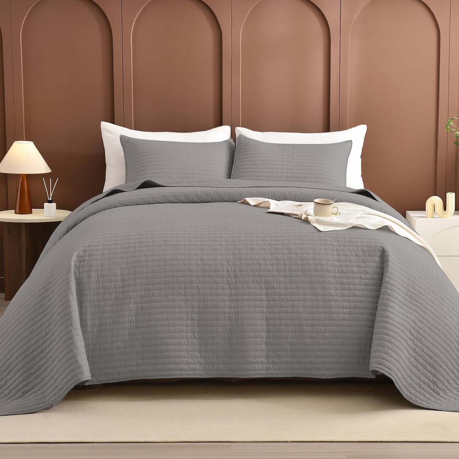 Lady Ann Gray Oversized King Bedspread 128x120, 3Pcs Extra Large Farmhouse Lightweight King Quilt Bedding Set Soft Quilted Bedspreads Thin Comforter for All Season
