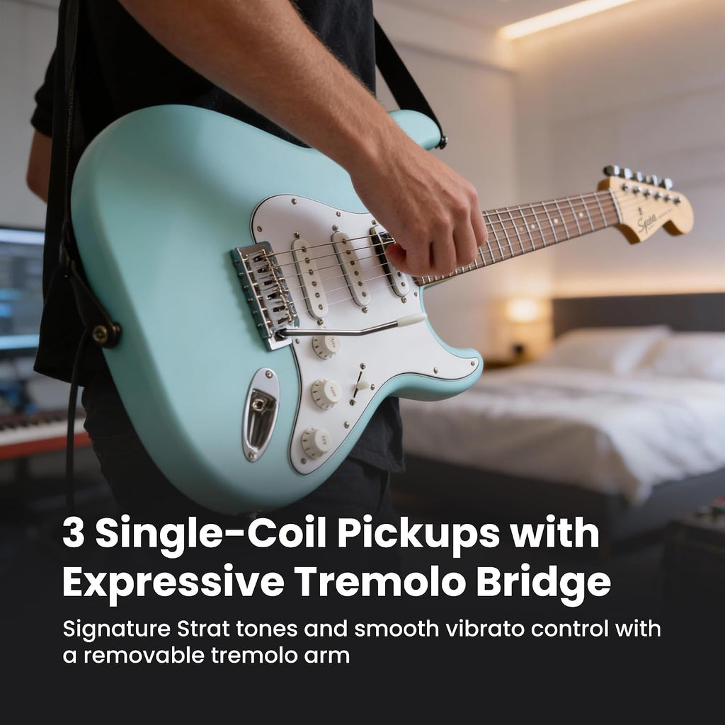 Fender Squier Stratocaster Electric Guitar - Daphne Blue Bundle with Amplifier, Gig Bag, Cable, Strap, Picks, and Austin Bazaar Instructional Video