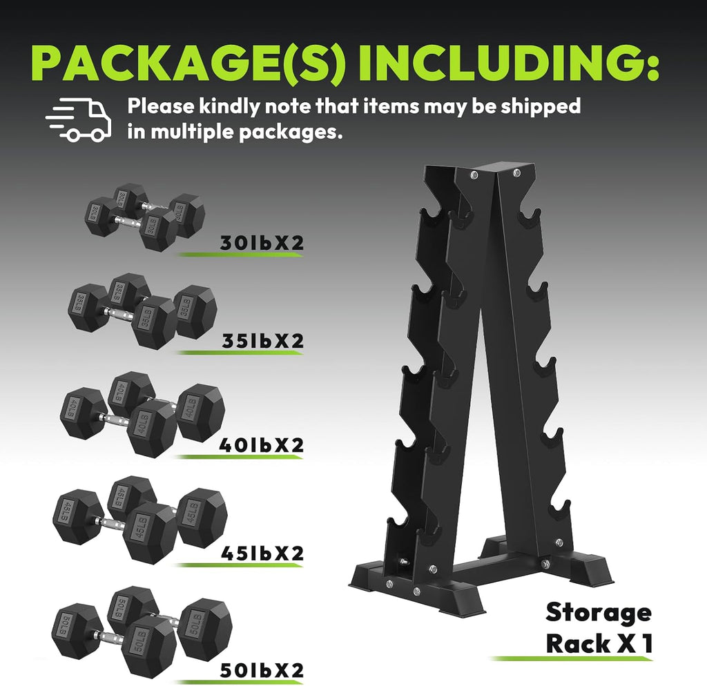 HANDBODE Rubber Coated Hex Dumbbell Set with A-Frame Rack, 100 lb - 550 lb Multiple Options Weight, Hexagon Non-Rolling Shape, Ergonomic Knurled Handle, Home Gym Equipment for Strength Training