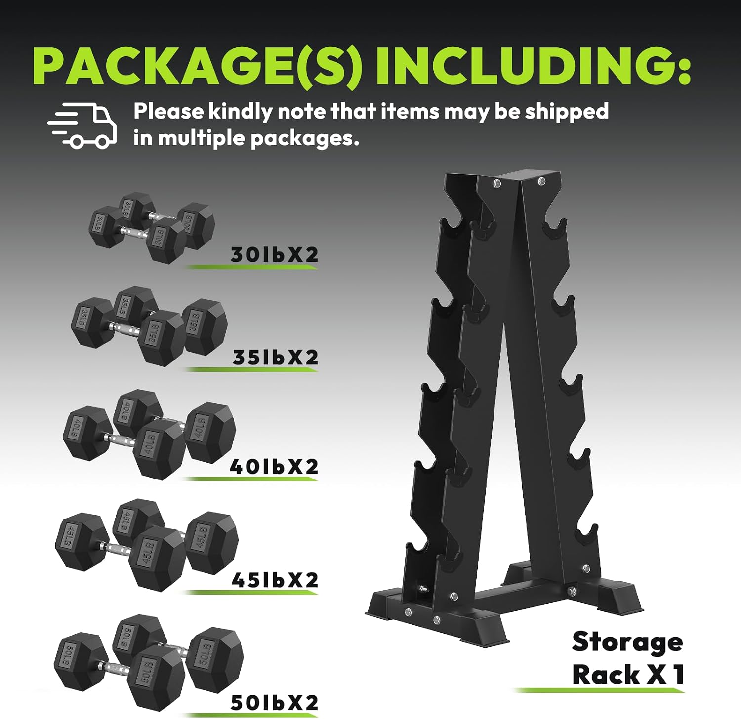 HANDBODE Rubber Coated Hex Dumbbell Set with A-Frame Rack, 100 lb - 550 lb Multiple Options Weight, Hexagon Non-Rolling Shape, Ergonomic Knurled Handle, Home Gym Equipment for Strength Training
