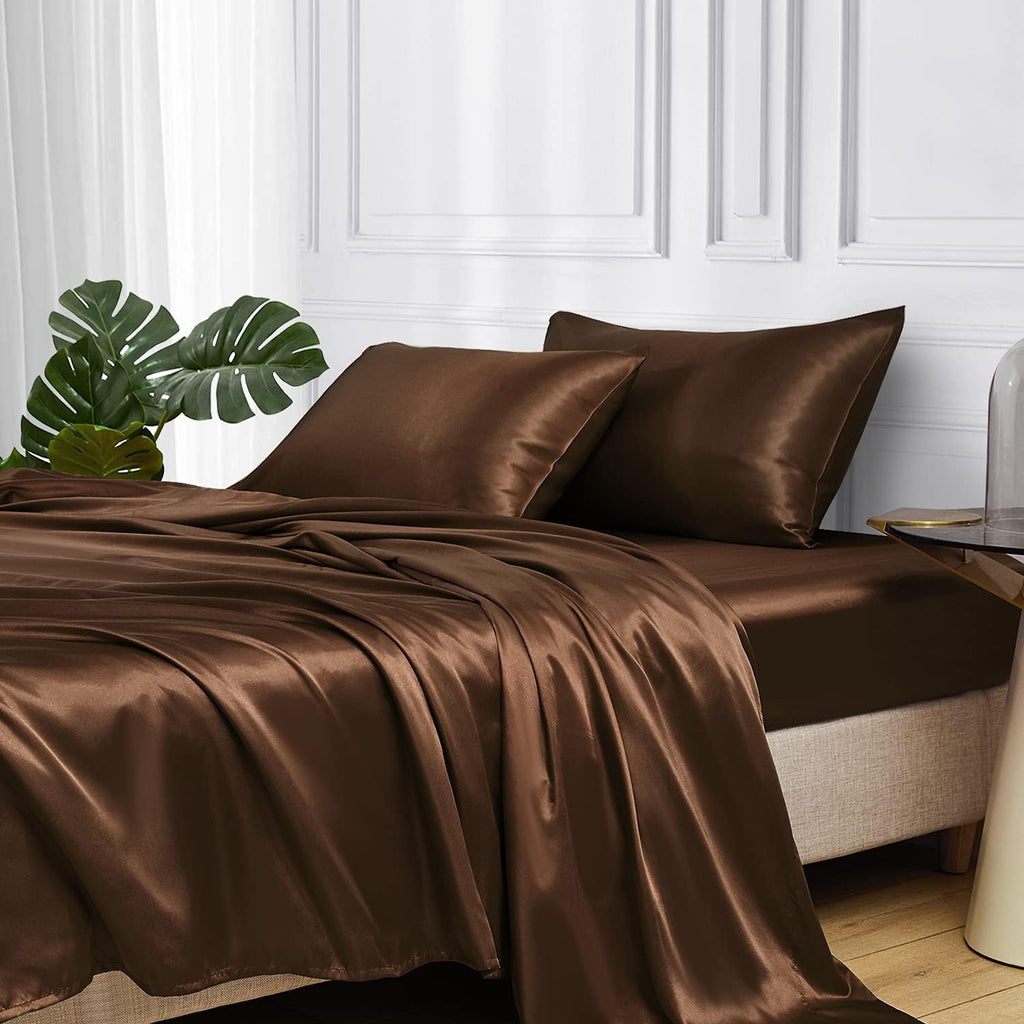 Twin XL Size 4-Piece Sheet Set Premium 30 Momme Mulberry Silk Bed Sheets Set Fits 23-26' Deep Pocket (Solid, Chocolate)