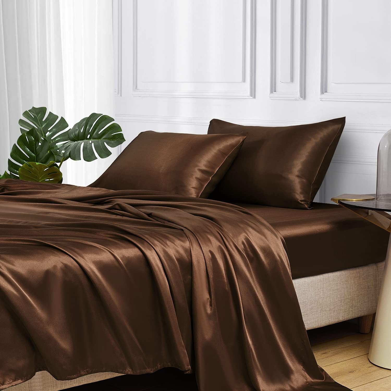 Twin XL Size 4-Piece Sheet Set Premium 30 Momme Mulberry Silk Bed Sheets Set Fits 23-26' Deep Pocket (Solid, Chocolate)