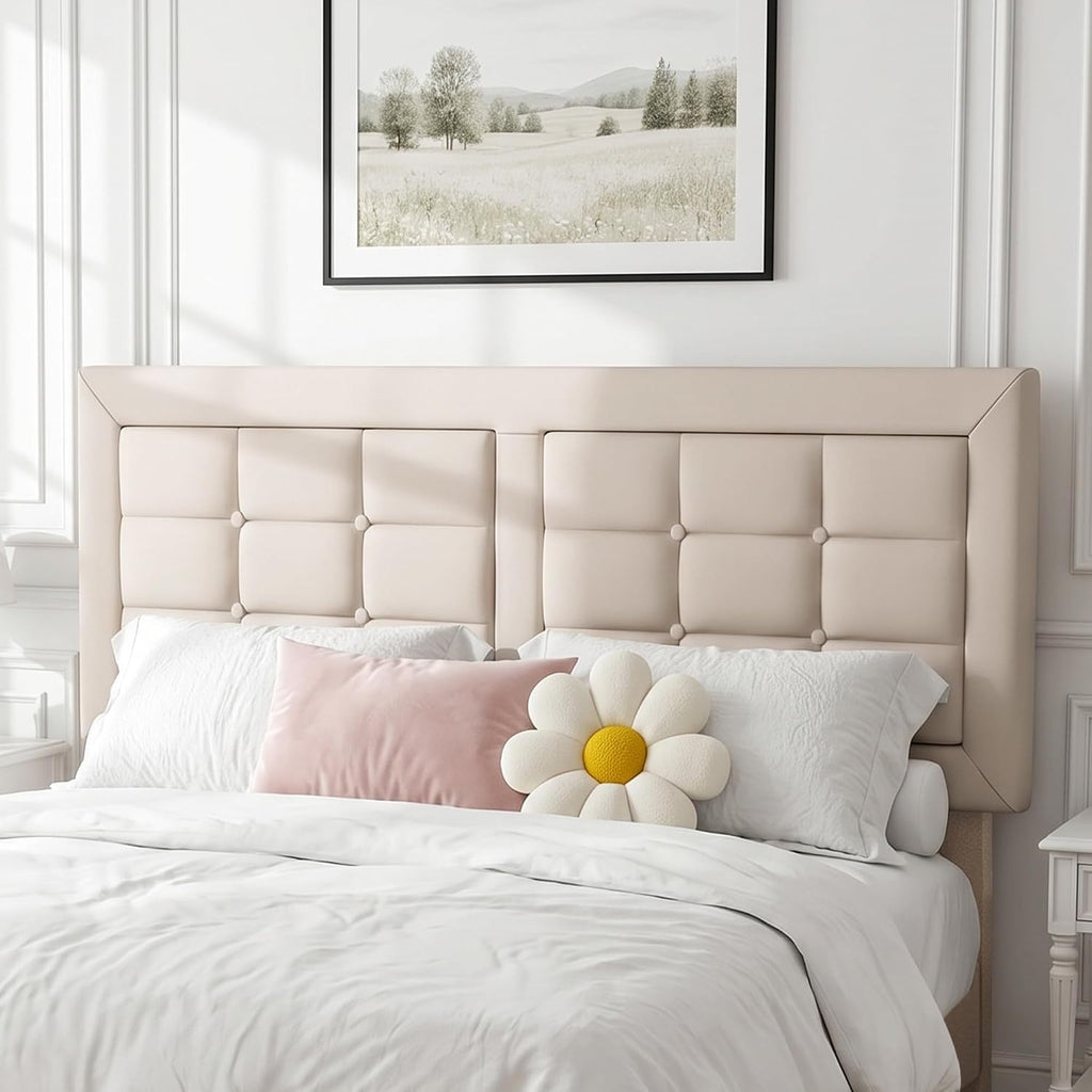 VECELO Full Size Bed Frame, Adjustable Upholstered Button Tufted Headboard, Heavy-Duty Bedframe with Wood Slats Support, No Box Spring Needed, Beige