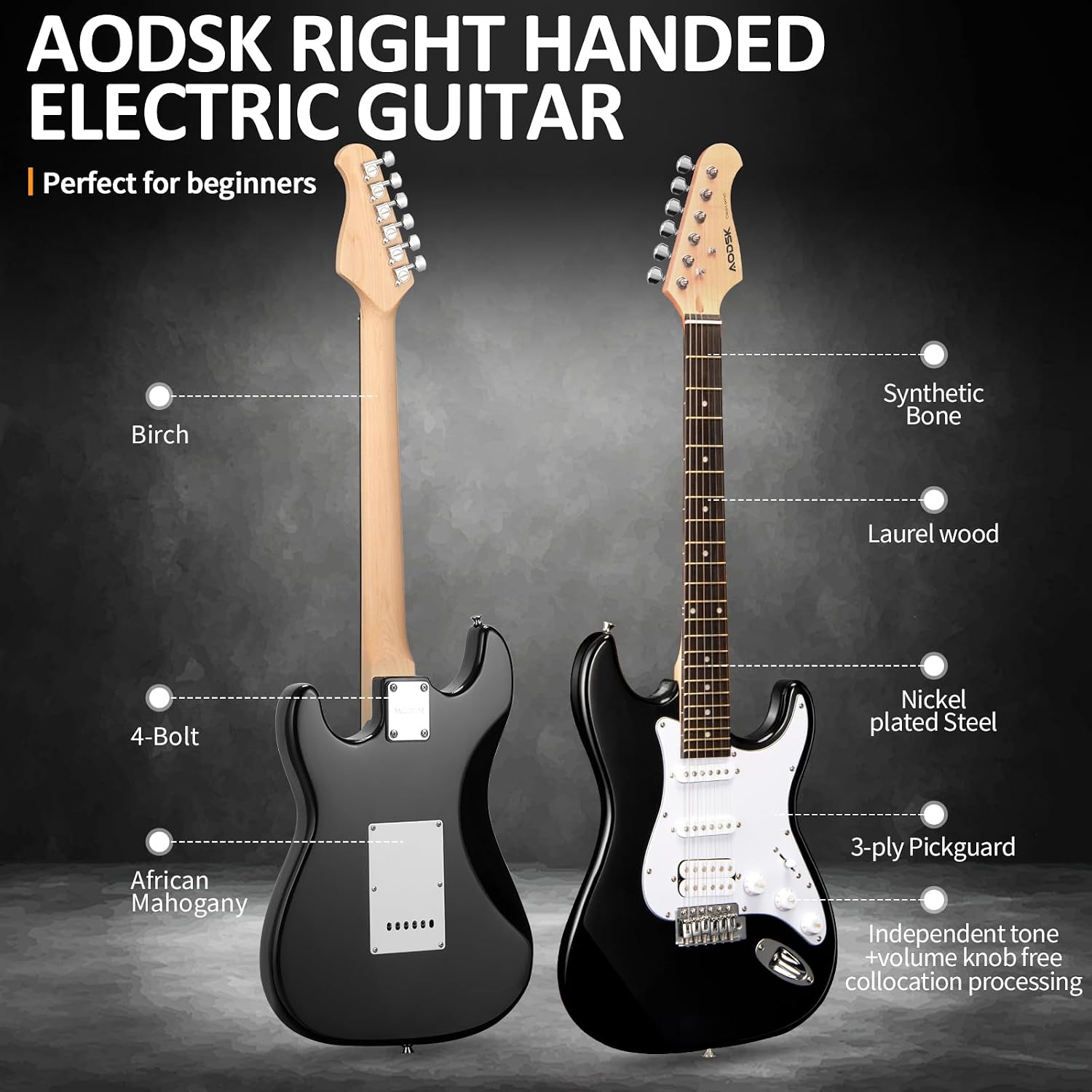 AODSK Electric Guitar with Amp Beginner Kit 39 Inch Solid Body Full Size,All Accessories,Digital Tuner,Six Strings,Four Picks,Tremolo Bar,Strap,Gig Bag,Starter kit (Black-HSS)