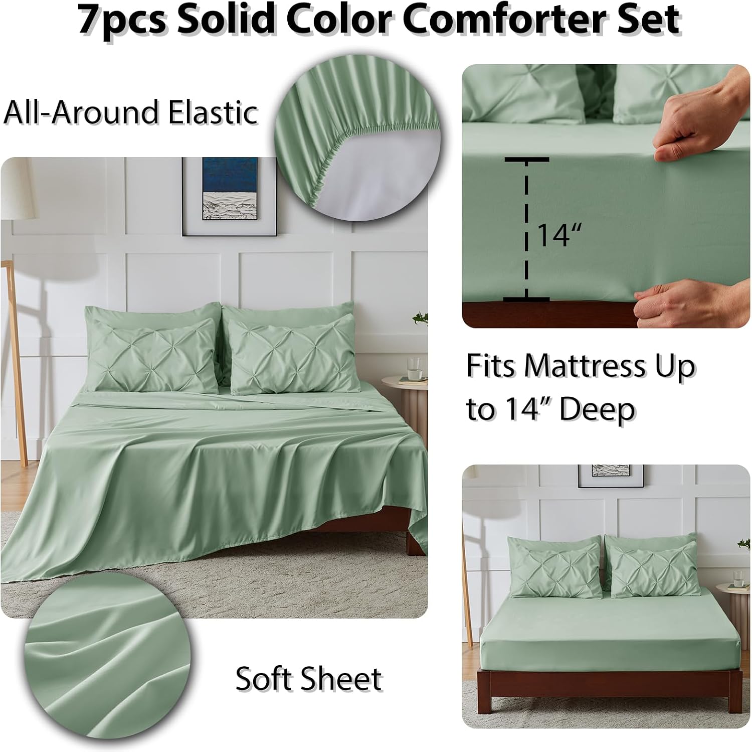 Full Size Comforter Set 7 Pieces Bed in a Bag 100% Cotton Sage Green Comforter Full Pintuck Bed Sets Pinch Pleat Bedding Sets Comforter, Flat Sheet, Fitted Sheet, Pillowcases & Shams